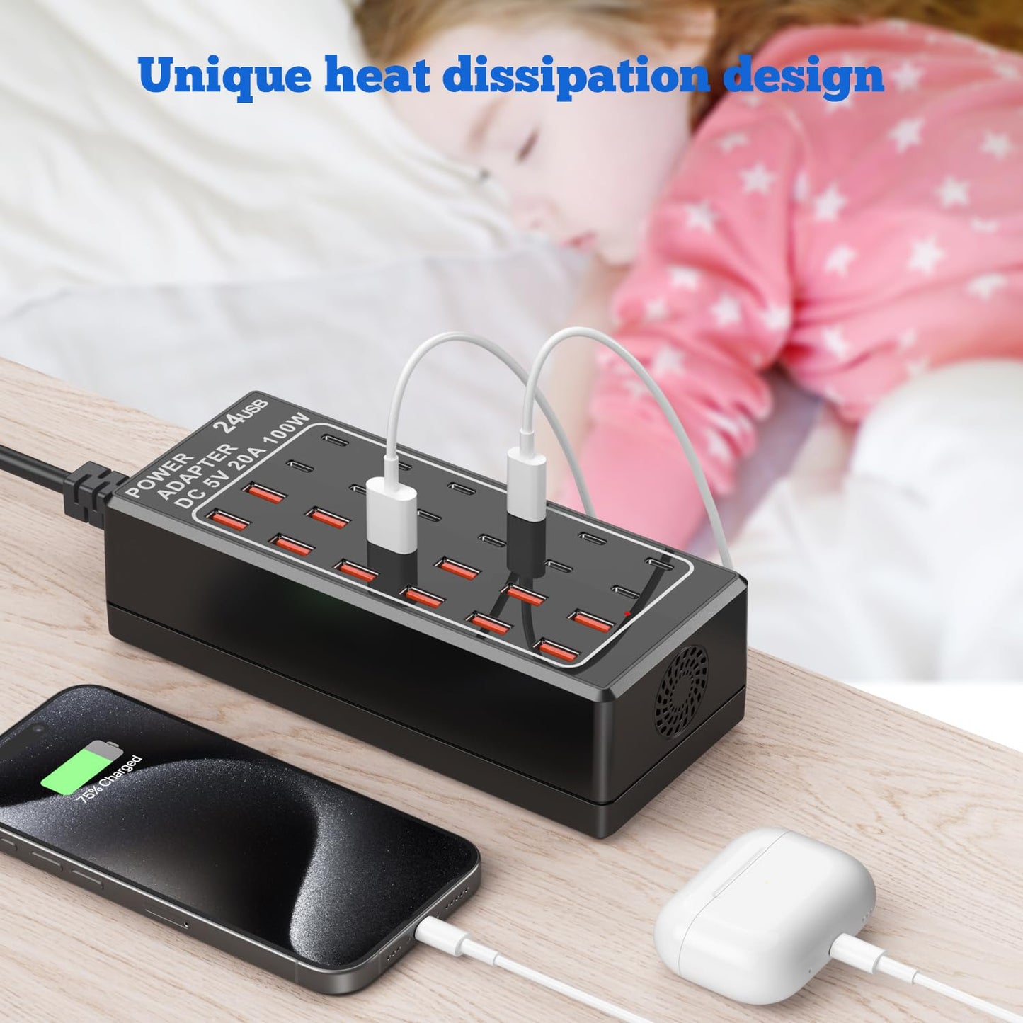 Cargador USB, bloque de cargador USB C, 100 W (20 A), 24 puertos, múltiples USB, cargador de pared, 12 USB A 12 USB C compatible con Apple iPhone, iPad, Samsung Galaxy, portátil, Pixel, teléfonos