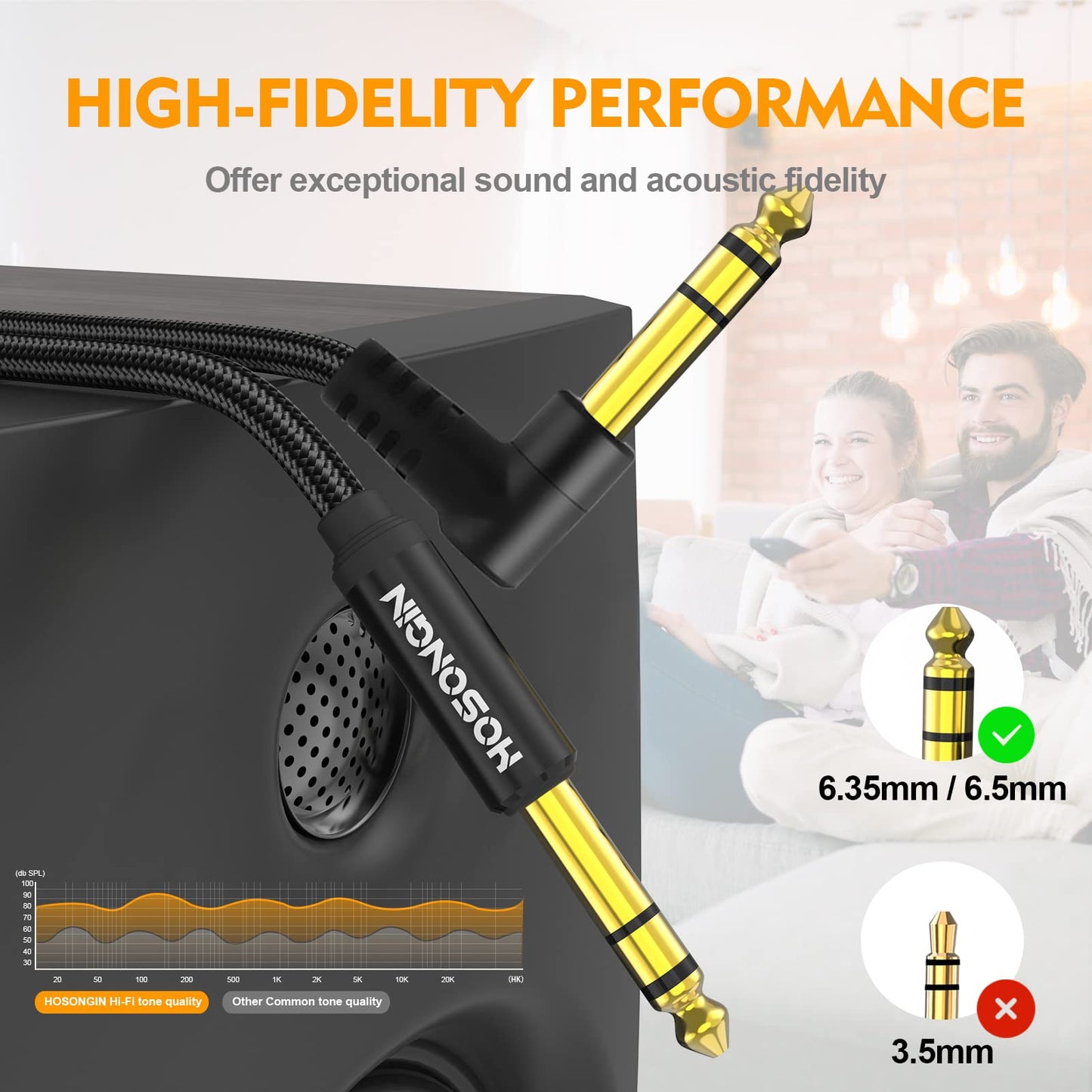 Cable de Instrumento HOSONGIN Negro TRS 1/4 Pulgadas Ángulo Recto a Recto para Guitarra