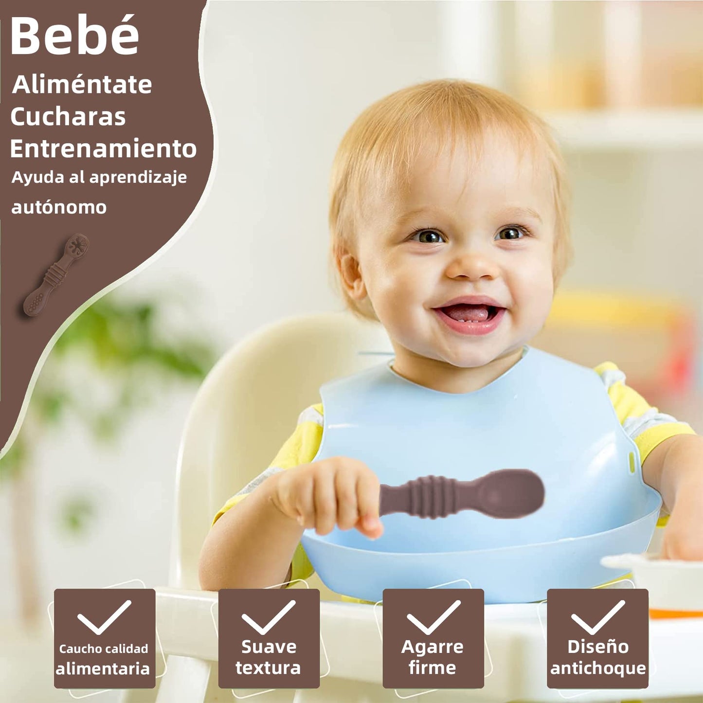 LEIDSANY Cucharas para bebe, cucharas de silicio para dietas de entrenamiento, silicona suave no contiene BPA, ejerce hábitos alimenticios independientes, aptos para bebe de todas etapas(Marrón)