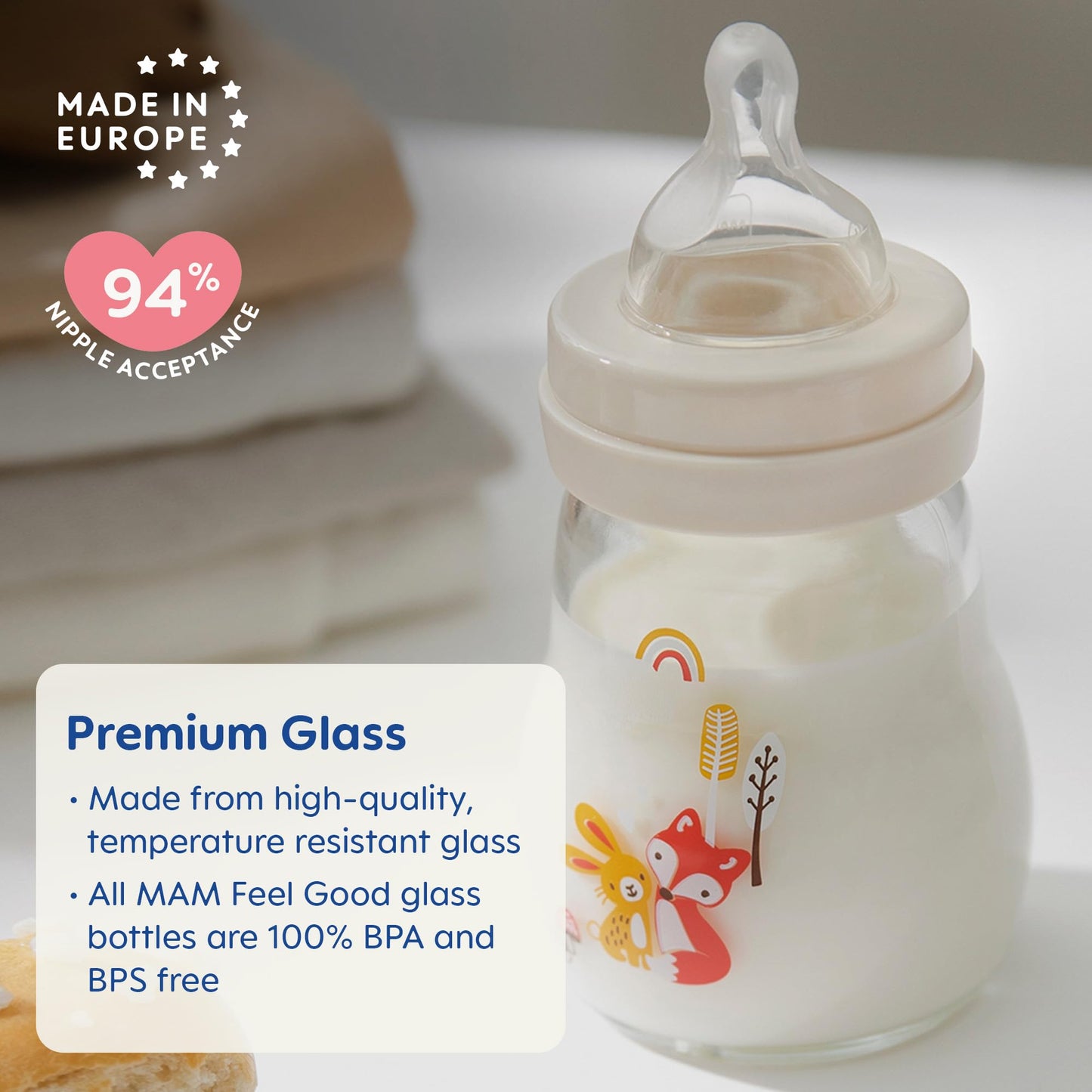 MAM Feel Good - Botella de vidrio de alta calidad de flujo lento, fácil de cambiar entre pecho y botella, 5 onzas, 0+ meses, unisex, 1 paquete