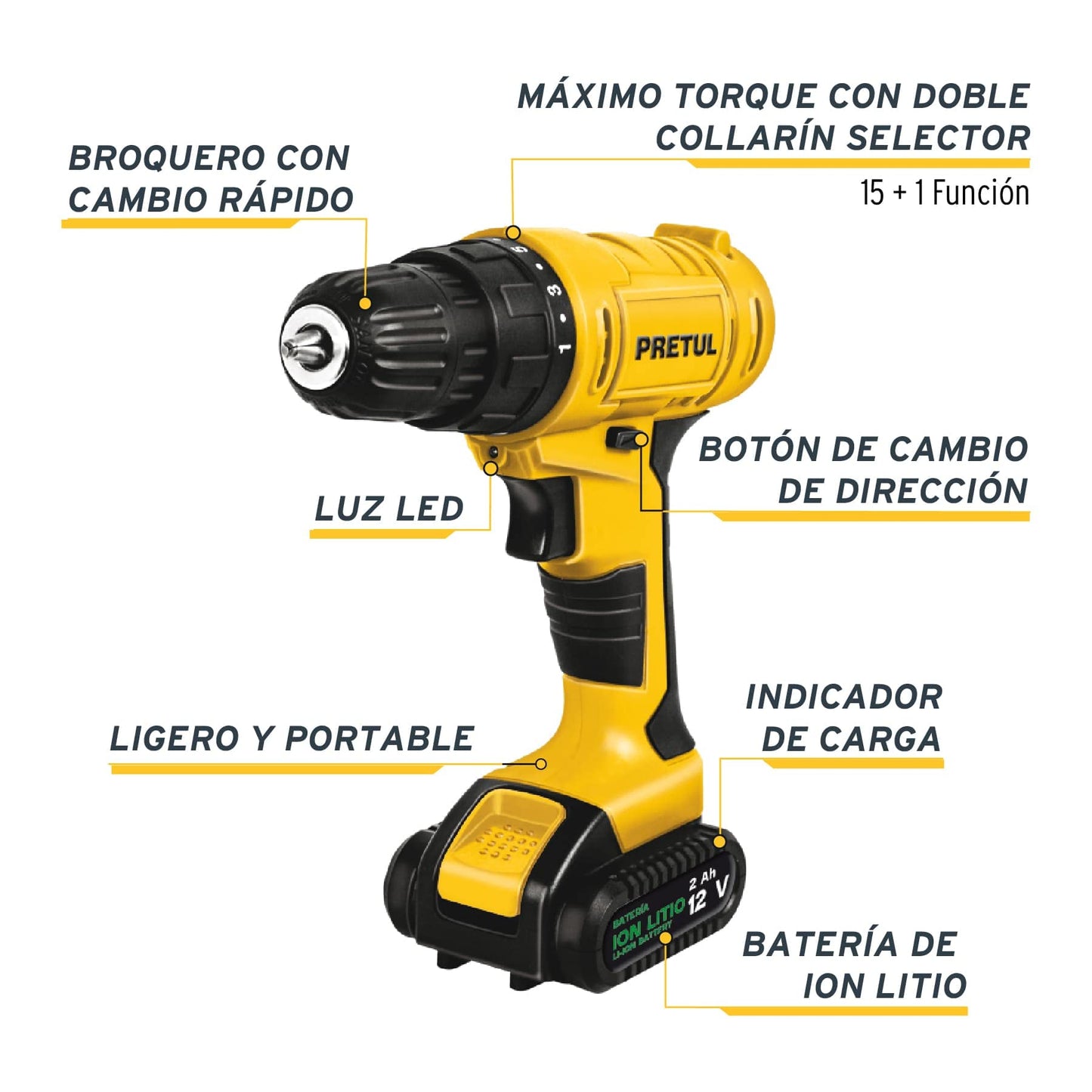 Pretul TALI-12PK, Kit de taladro inalámbrico 3/8", 1 batería Ion Litio 2 Ah, 35 accesorios, 2 velocidades, 12 V