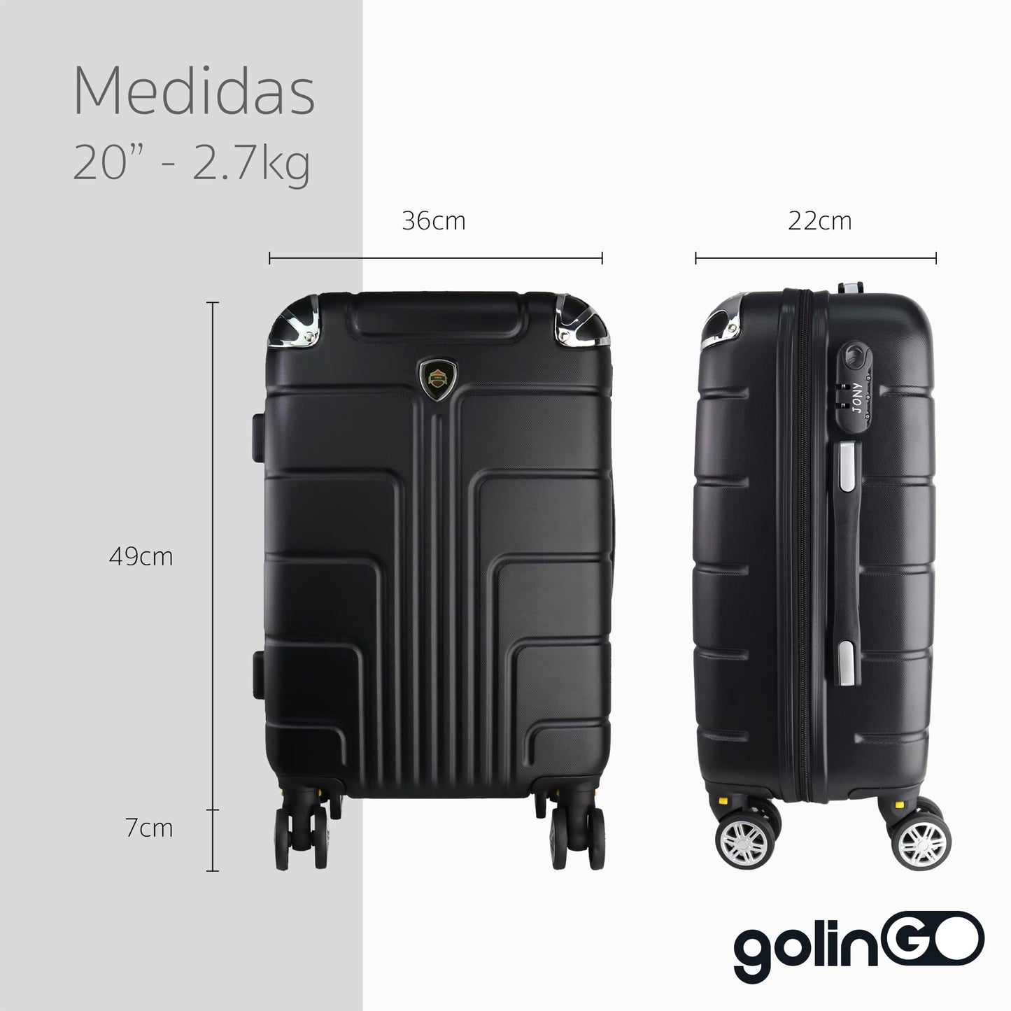 Maleta de Mano JONY Carry On Rigida Resistente Ruedas Giratorias 360 Mango Expandible ABS Candado de Seguridad (NEGRO)