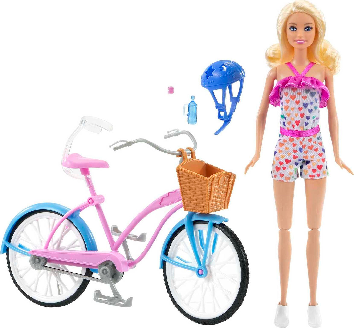 Barbie, Set de Juego, Bicicleta con Muñeca, para Niñas de 3 Años en Adelante, Mattel, Diseño Rosa y Azul, Canasta de Dulces, Caderas, Brazos y Rodillas se doblan