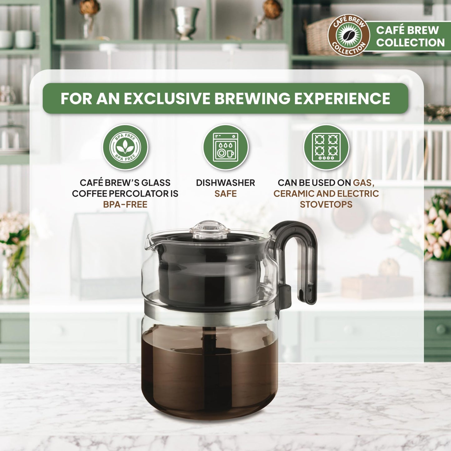 Café Brew Collection - Cafetera de vidrio de 8 tazas - Percolador de café de vidrio borosilicato, sin BPA, apto para lavaplatos, preparación en rangos eléctricos y de gas