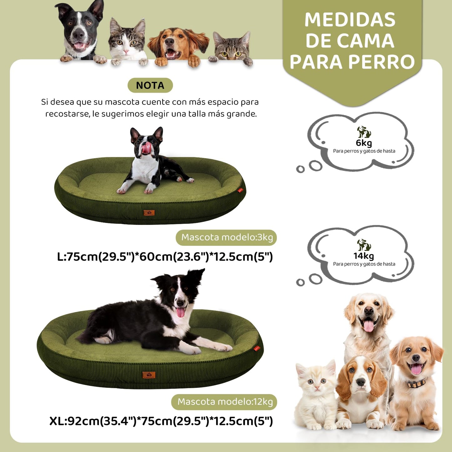 Cama Ortopedica para Perros, Cama para Perro Mediano y Pequeño, Cama para Perro Lavable con Cierre, Cama Antiestrés y Impermeable para Perros, Camita Con Almohada para Mascotas (Verde) (92*75*12.5cm)