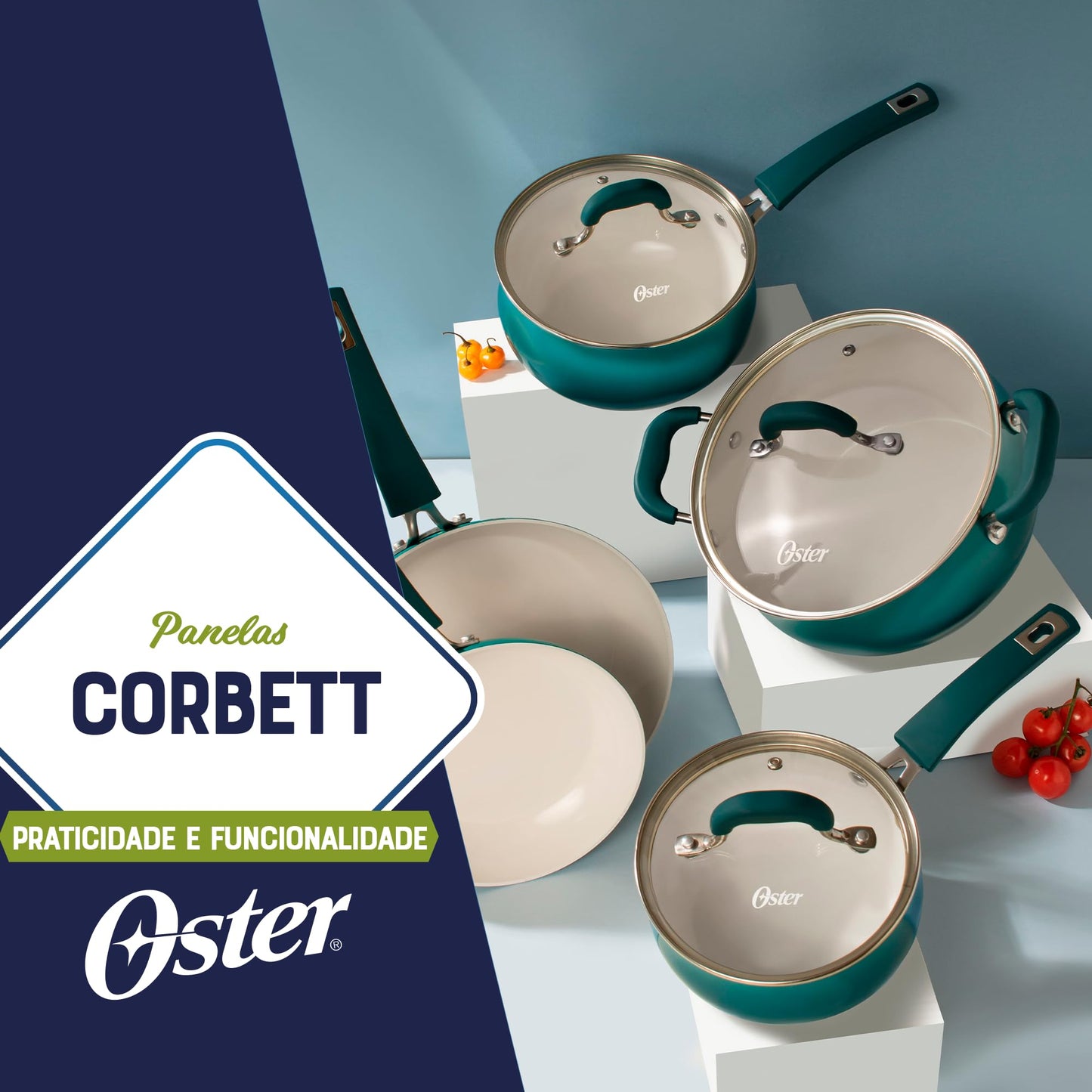 Oster Corbett - Juego de 8 piezas de utensilios de cocina de aluminio forjado degradado verde azulado con cerámica antiadherente, base de inducción, mango de baquelita suave al tacto y tapas de vidrio