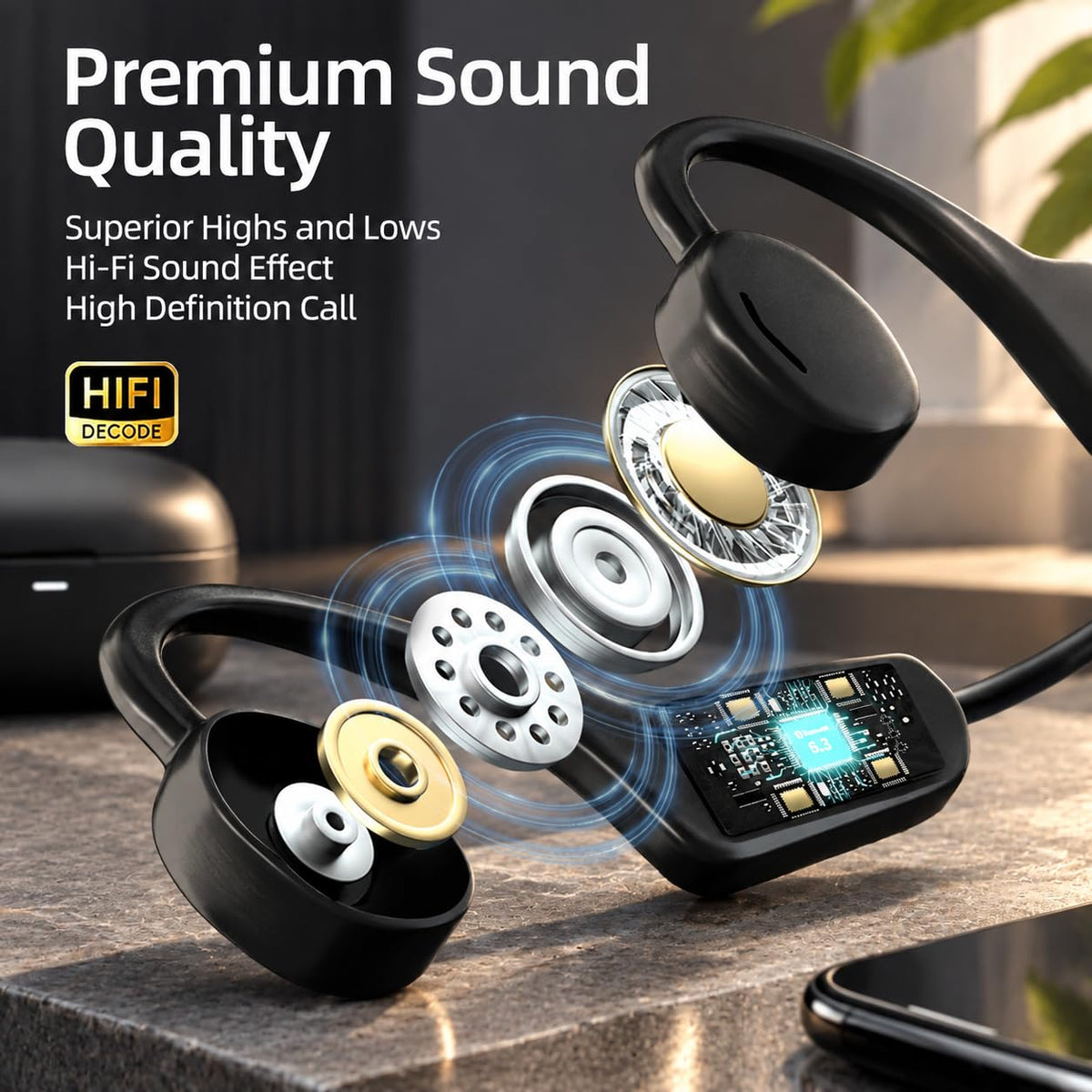 Auriculares Abiertos Gulanxo Negro con Bluetooth 5.3 y Micrófono Integrado para Deportes