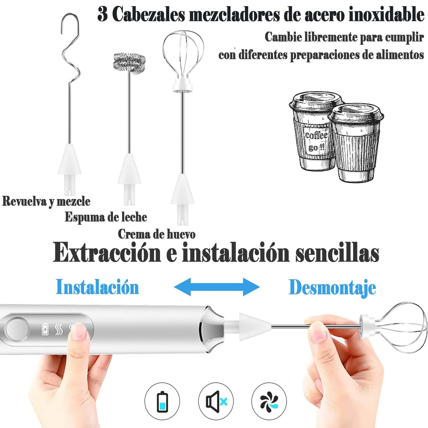 ANGECM8 Espumador de Leche eléctrico recargable por USB,3 velocidades con 3 batidor de acero inoxidable,Agitador electrico,Batidor electrico de mano para Café,Lattes,Capuccino,Chocolate Caliente