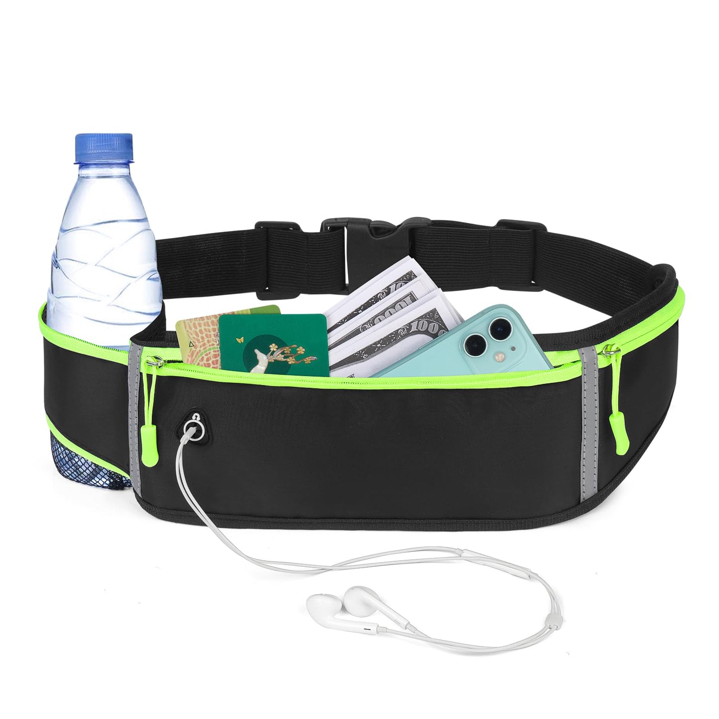 Cangurera Deportiva con Correa Ajustable Impermeable Riñonera Deportiva para Exteriores con Tiras Reflectante para Correr Hombre y Mujer-Negro