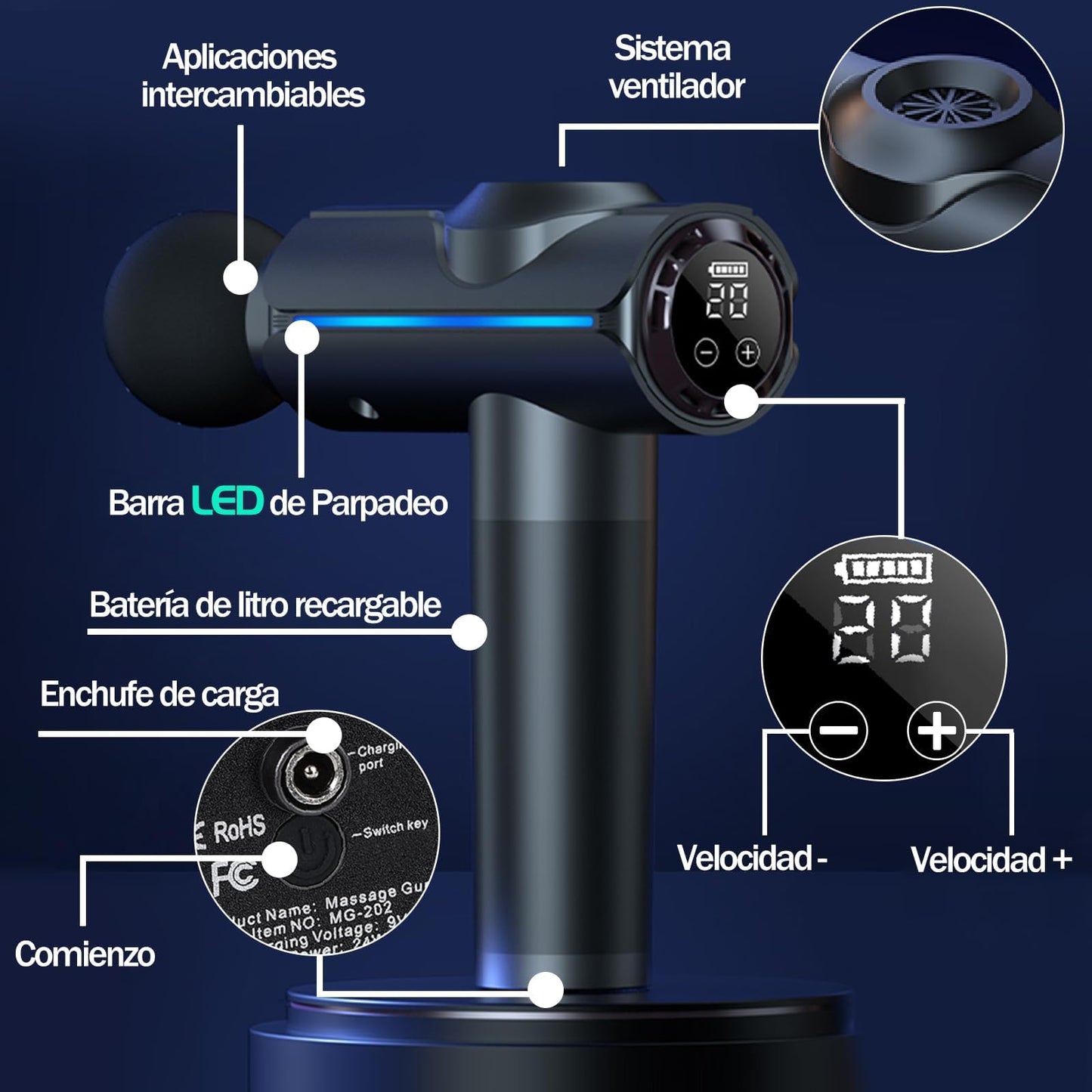 Pistola De Masaje Muscular, Pistola Masajeadora con 11 Cabezales y 20 Velocidades Ajustables,Masajeadores Eléctrico de Mano con Pantalla Lcd,Masajeador Muscular Ideal para Hombros,Cuello, Espalda