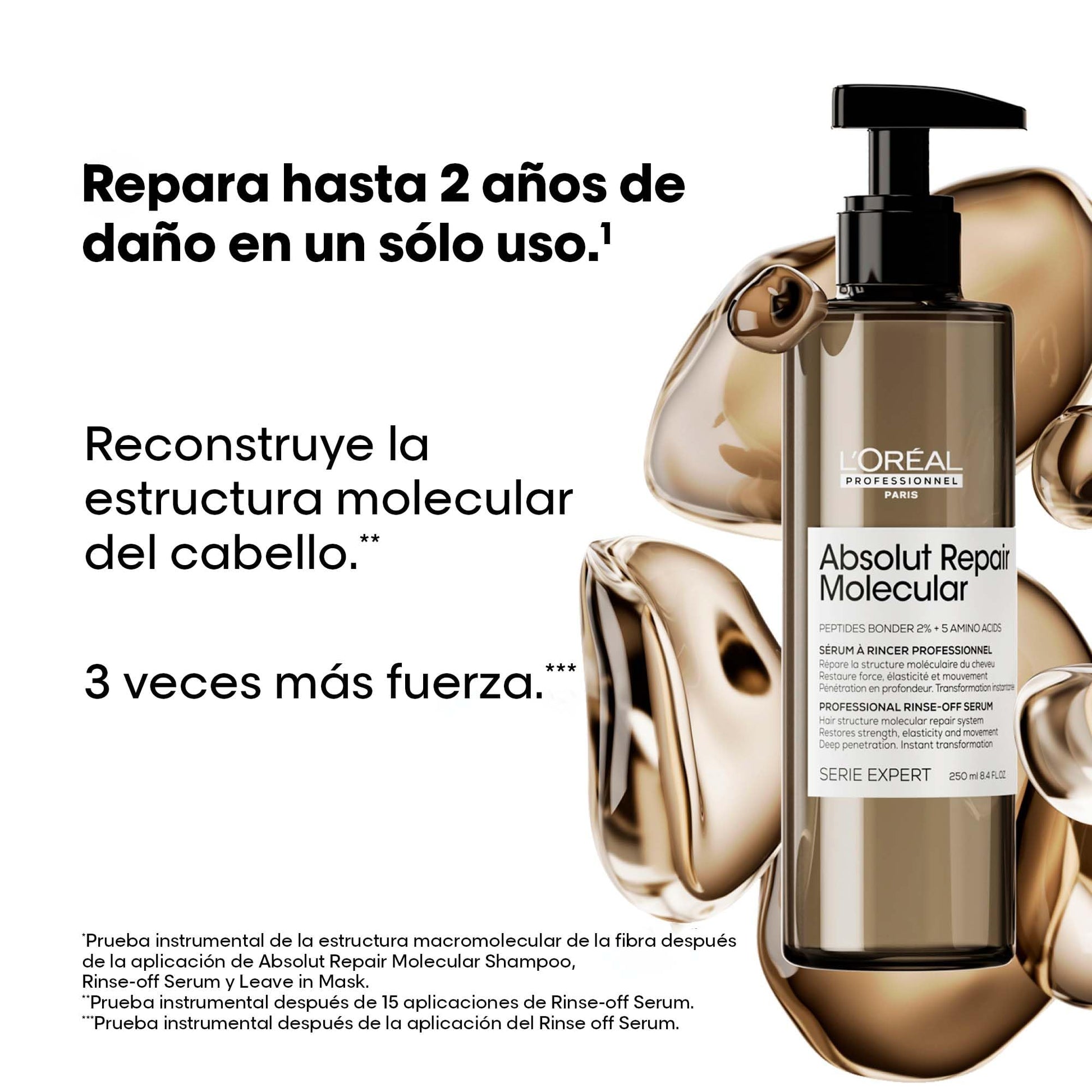 L'Oréal Professionnel Absolut Repair Molecular Sérum | Sérum con enjuague reparador molecular | Para cabello muy dañado | Con tecnología 2% reparador de péptidos + 5 aminoácidos | Repara el cabello y restaura su fuerza | Repara la estructura molecular | 2