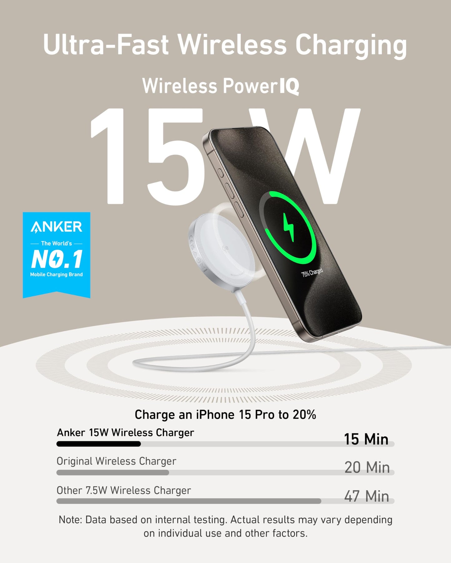Anker MagGo Cargador Inalámbrico iphone,Base de Carga Inalámbrica y Magnética,Ultrarápida 15W Qi2 Certificado Compatible con MagSafe,para iPhone 15/15 Plus/15 Pro/15 Pro Max/14/13 Series (Sin Enchufe)