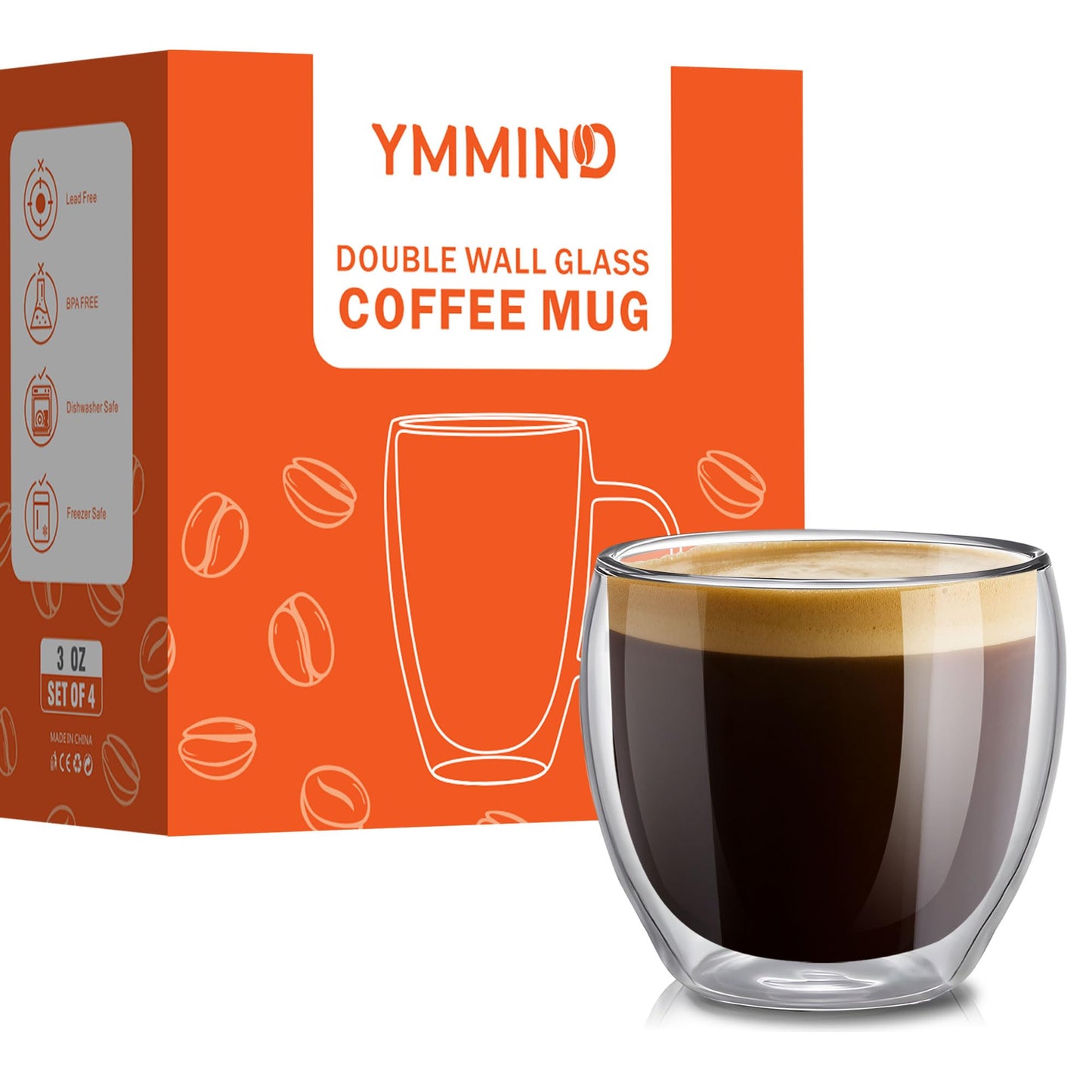 Juego de Tazas de Café YMMIND Vidrio Transparente de Doble Pared y Borosilicato Aislado para Bebidas Calientes o Frías