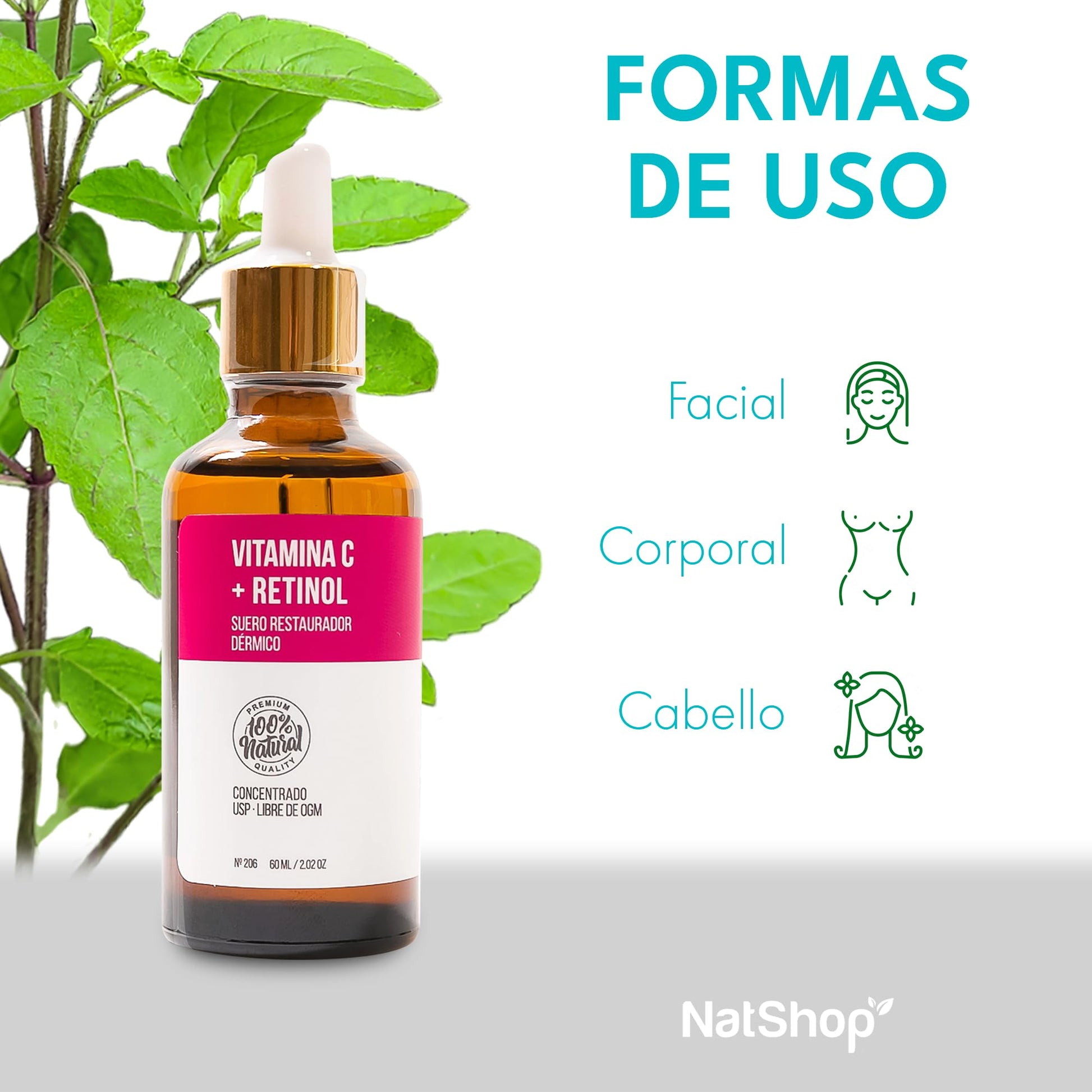 NATSHOP | Suero de Vitamina C + Retinol 100% Natural - Fórmula con Aceites Orgánicos y Textura Suave | Skin Care Sin Parabenos, Fragancias Sintéticas ni Químicos Agresivos - Skincare Nocturno 60ml