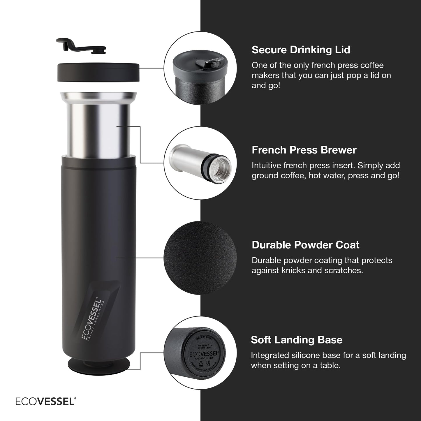 EcoVessel - Prensa francesa portátil, cafetera de viaje, aislada, acero inoxidable, botella reutilizable, 14 onzas (negro)