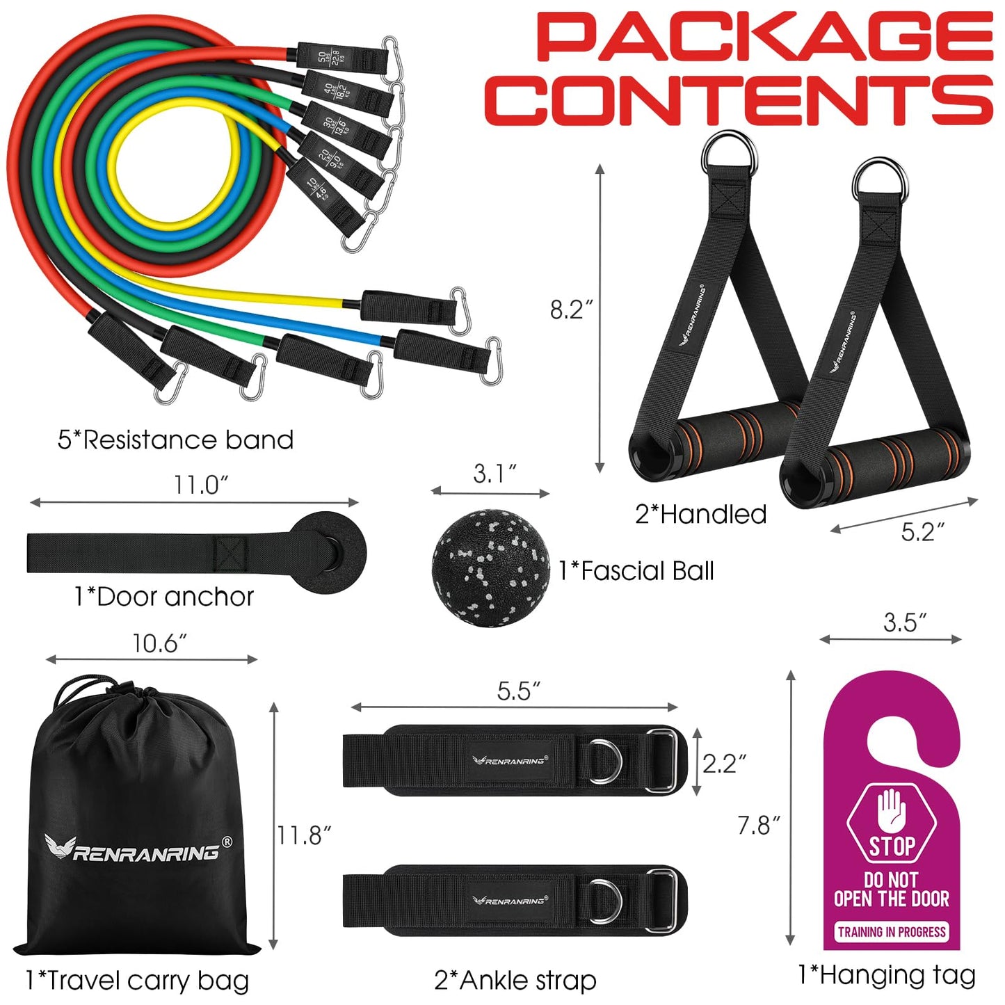 Bandas de Resistencia RENRANRING Negro con Asas para Entrenamiento de 150 Libras para Hombres y Mujeres