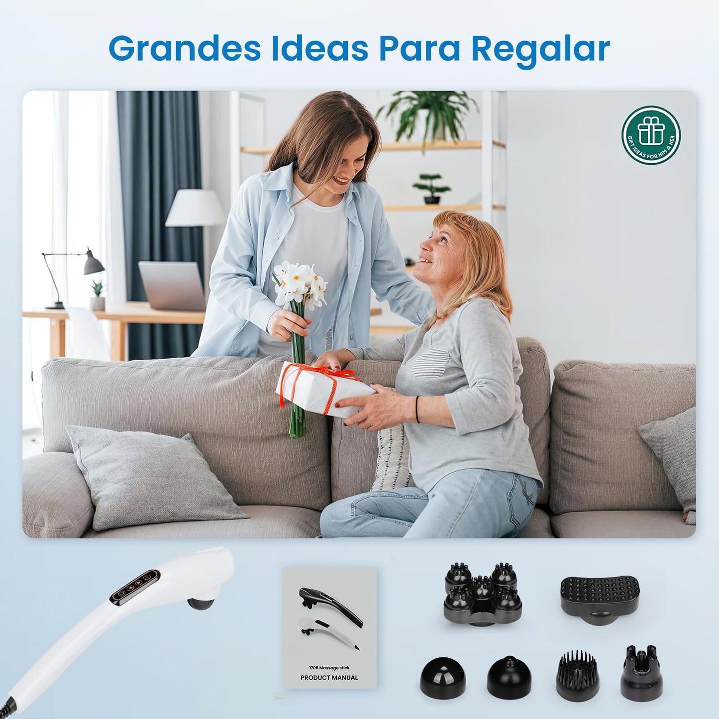 Masajeador de Espalda,Masajeador Electrico para Alivio del Dolor Muscular,Masajeadores de Mano con Diseño Ergonómico,10 Modos,12 Velocidades y 6 Cabezales de Masaje,Masaje para Espalda,Pierna y Cuello