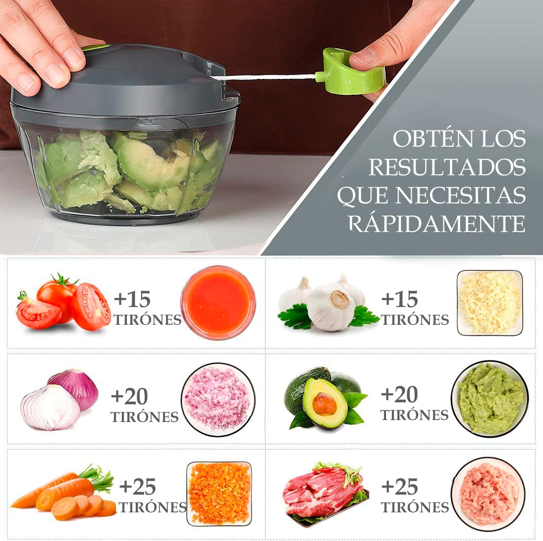 U Chef Procesador Manual de Alimentos 2 en 1, Molinillo de ajo, Picadora de Verduras, Picador de cebolla, Cortador de Verduras de Cocina portátil de 550 ml (Chico)
