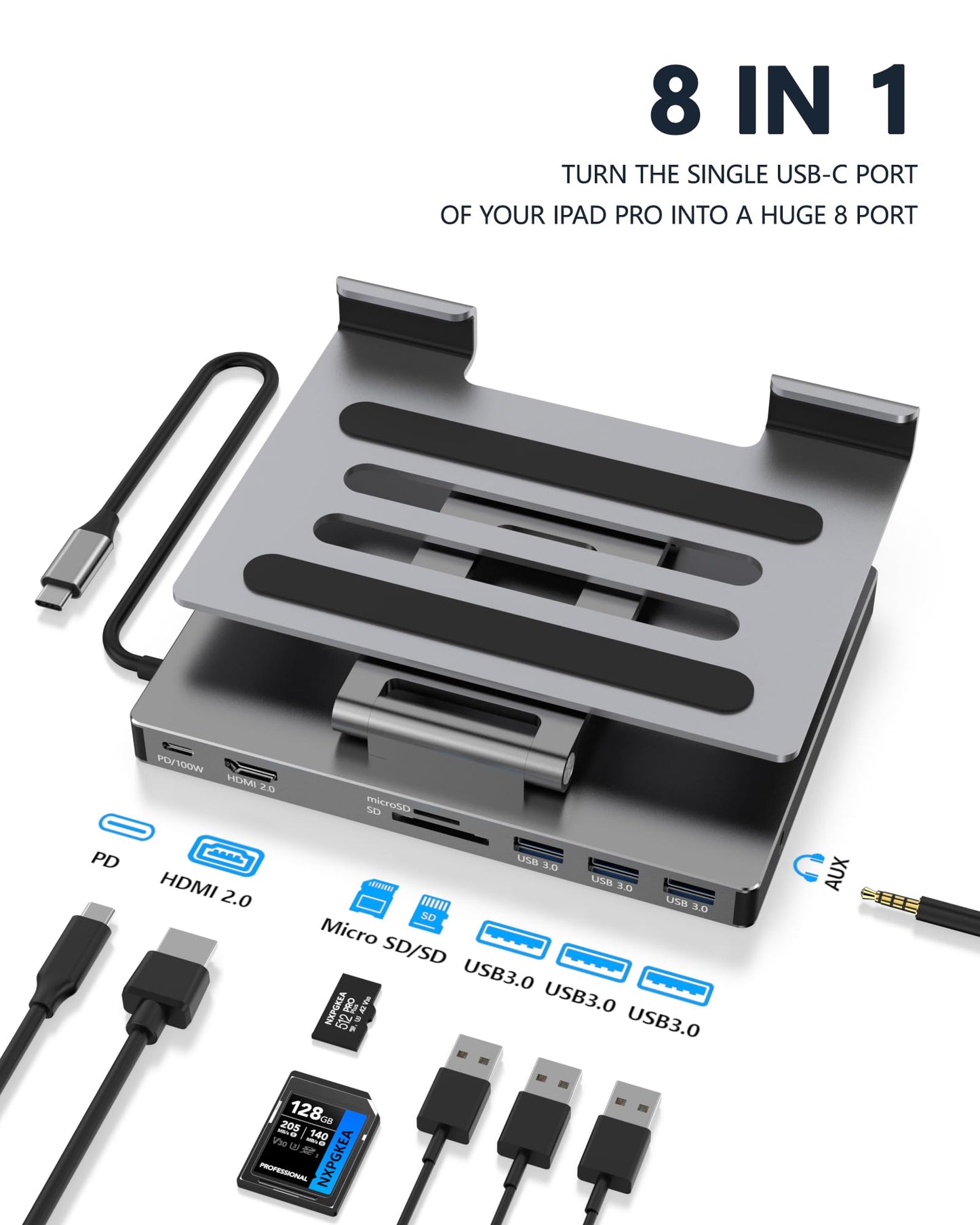 iPad Pro USB C Hub Stand, Adapter for iPad Pro M4 M2 M1 13 12.9 11 Inch iPad Air Docking Station Foldable 4K 60Hz HDMI, PD Charging, SD/TF Card Reader, 3 USB 3.0, 3.5mm Audio, iPad Dock Accessories