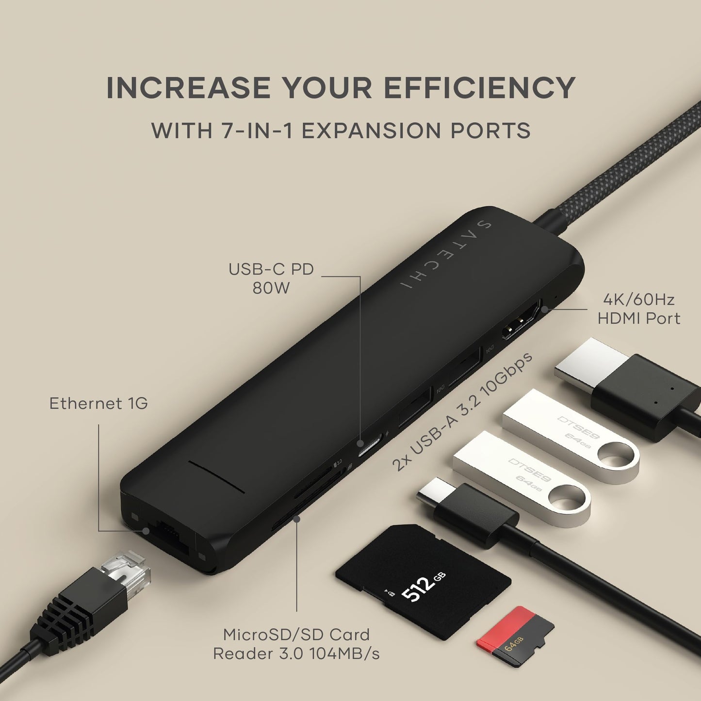 Adaptador USB-C SATECHI Negro 7 en 1 con HDMI 4K, Carga 100W y Lectores de Tarjetas para MacBook iPad iPhone Windows