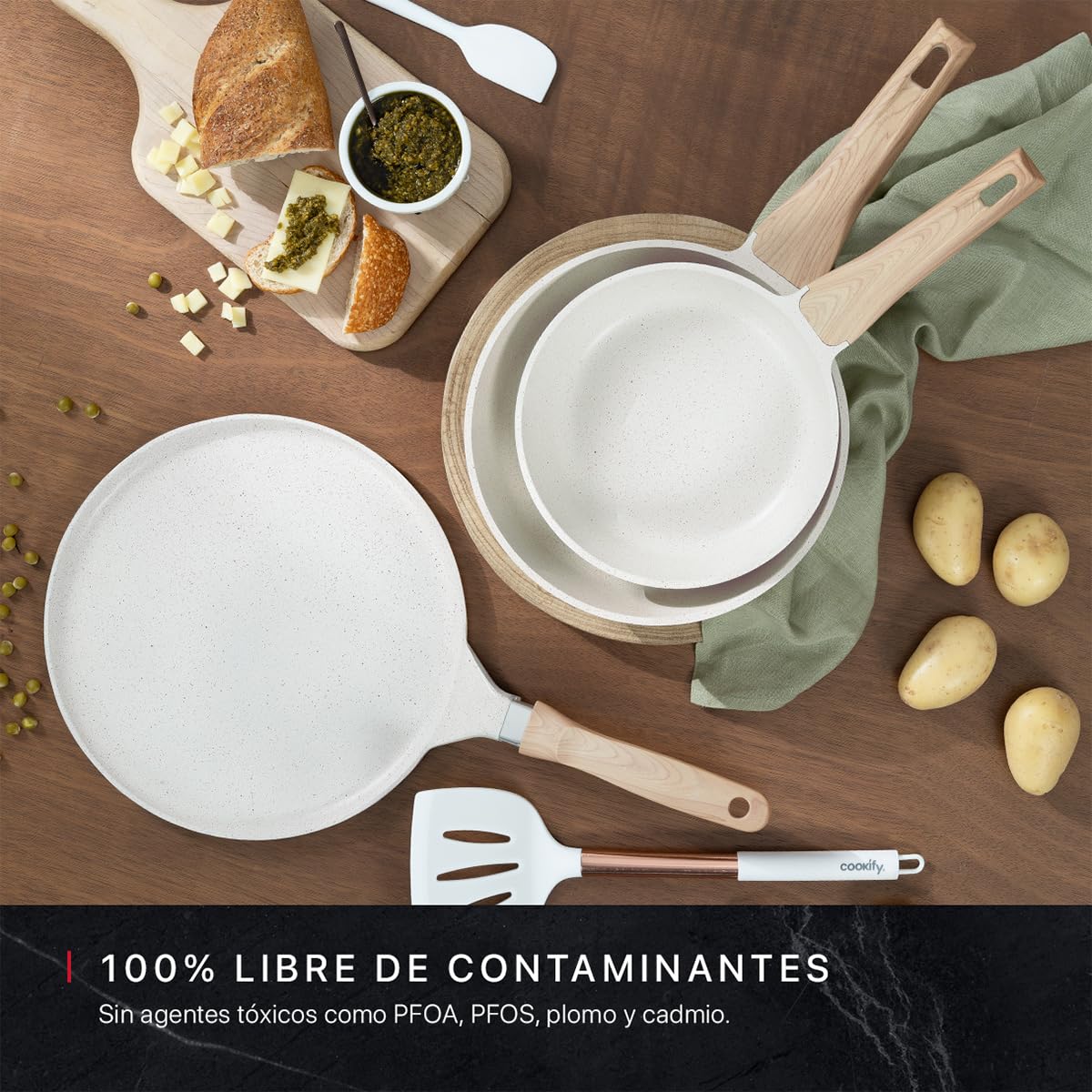 Set de Sartenes y Crepera Cookify Mármol Beige Antiadherente