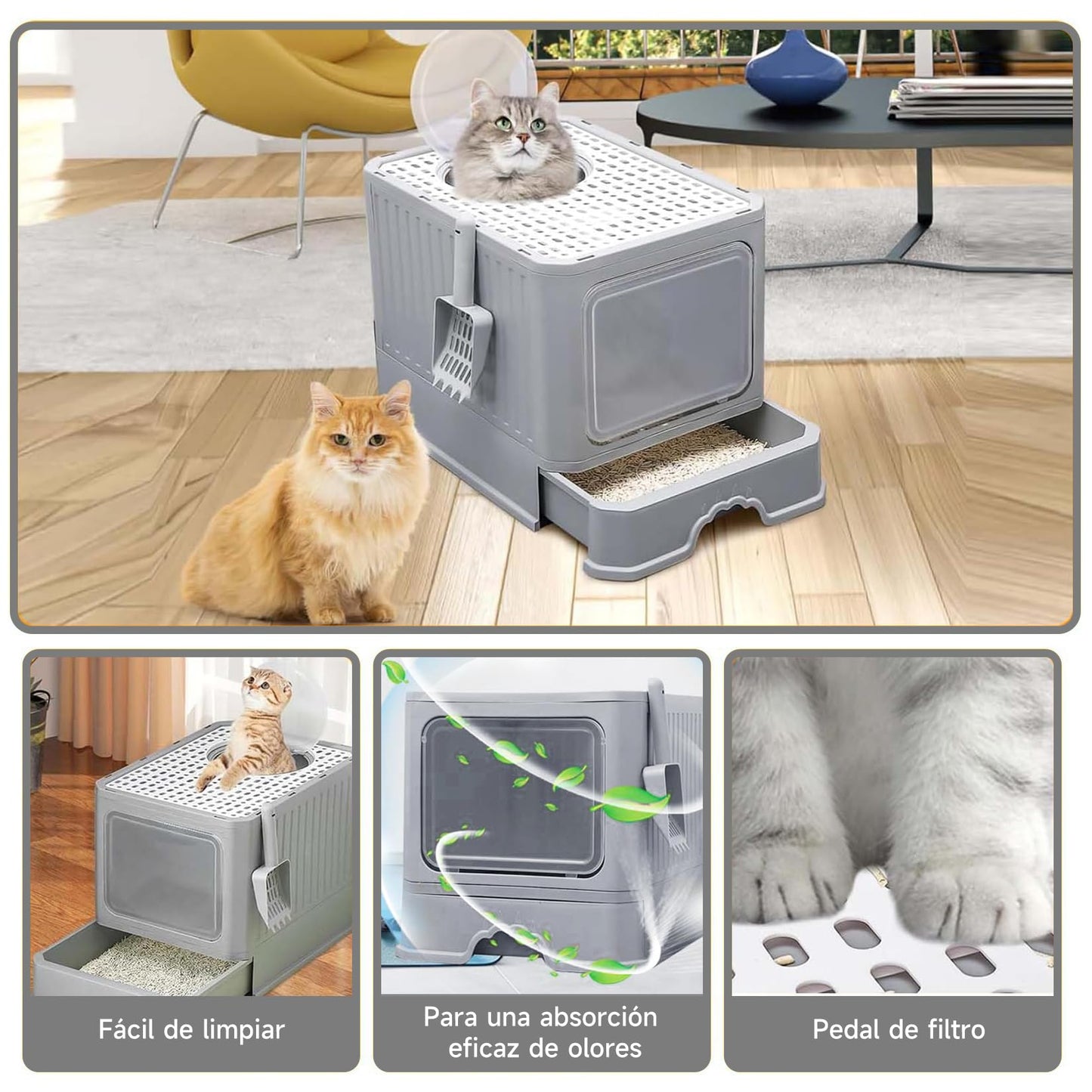 Arenero para Gato Cerrada: Removibles Plegable Arenero 50*40*40cm,Gran Caja de Arena para Gatos,Antiolor Prueba de Salpicaduras,Facil de Limpiar,con Puertas y Entradas Cubiertas Incluye Pala (Gris)