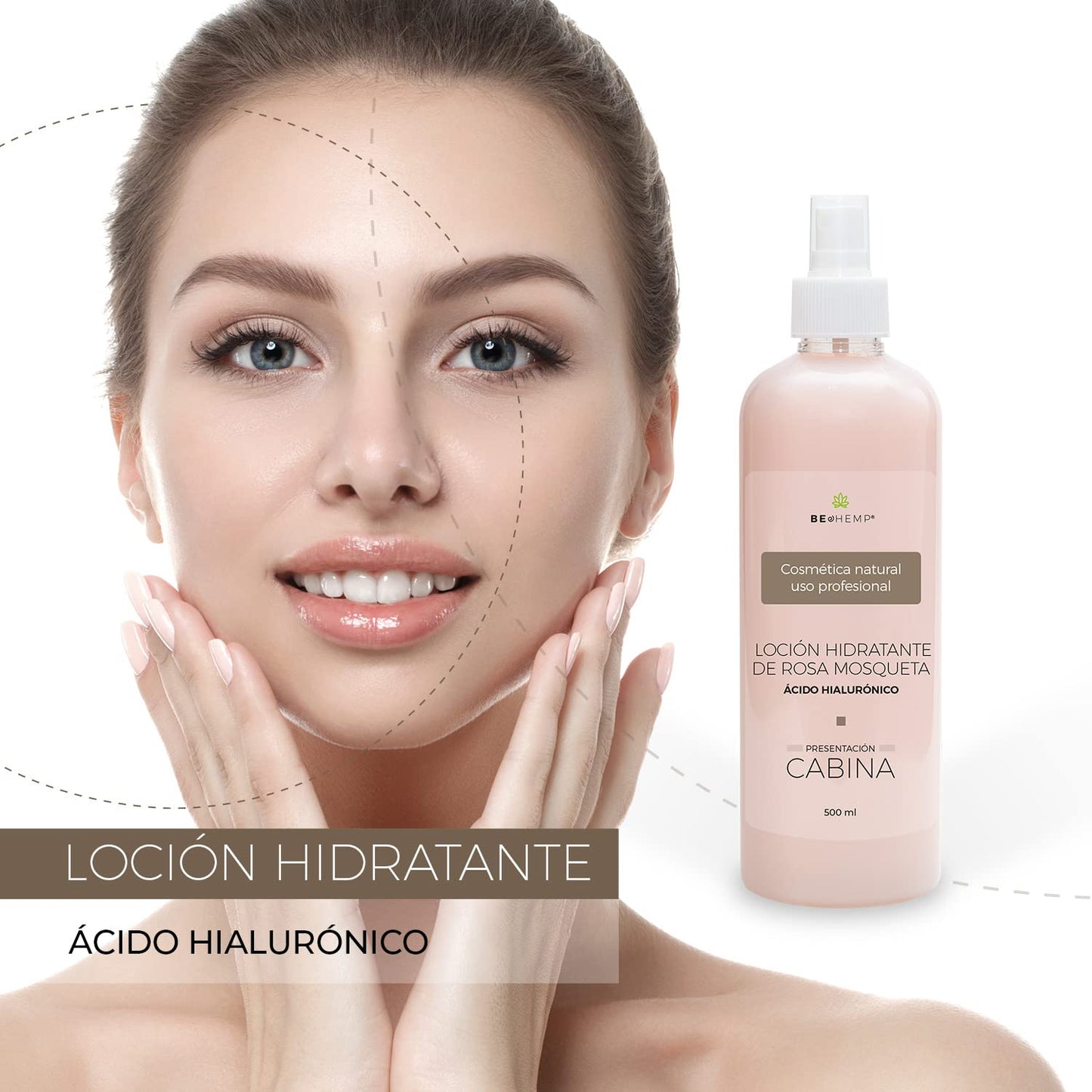 Loción facial hidratante rosa mosqueta y ácido hialurónico 500 ml Beohemp