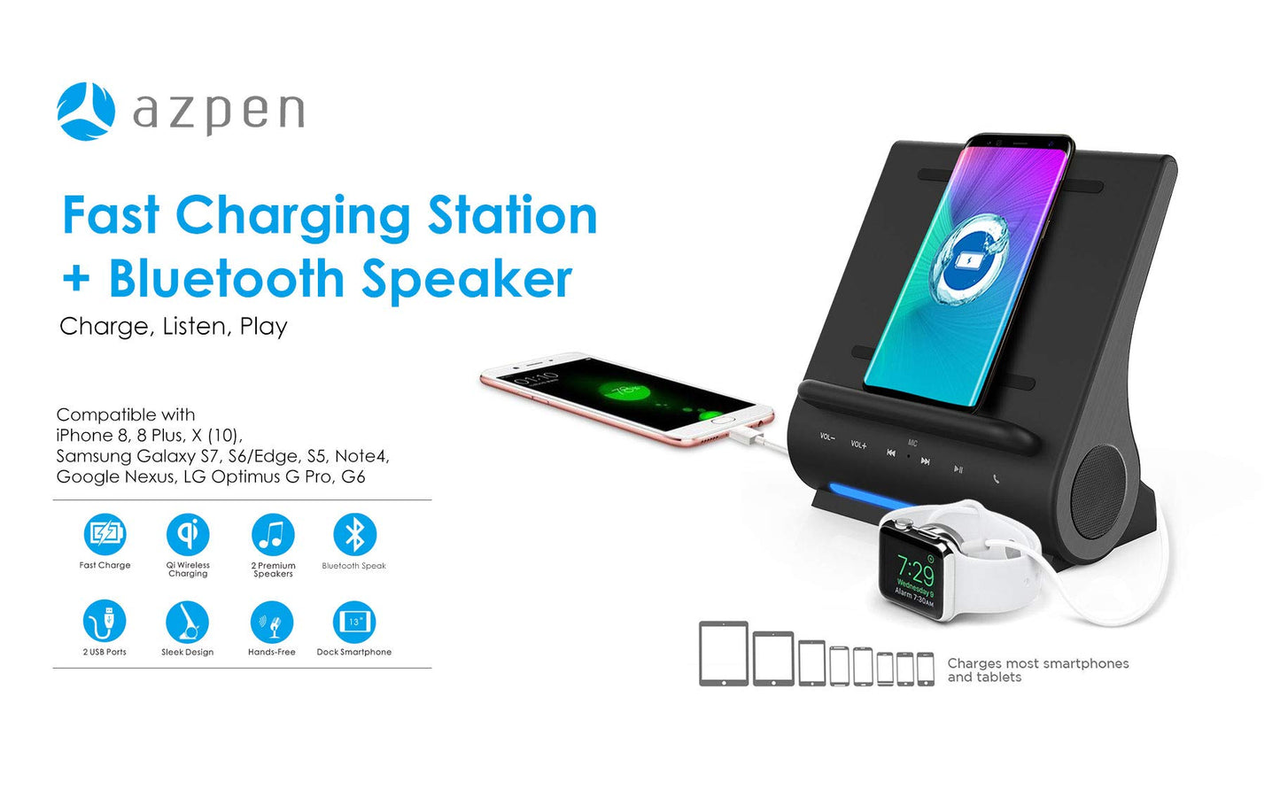 Dockall - Altavoces Bluetooth con cargador inalámbrico rápido 4 en 1, carga 3 dispositivos para iPhone 15, 14, 13, 12, 11, Samsung Galaxy S23, S22, S21, S20