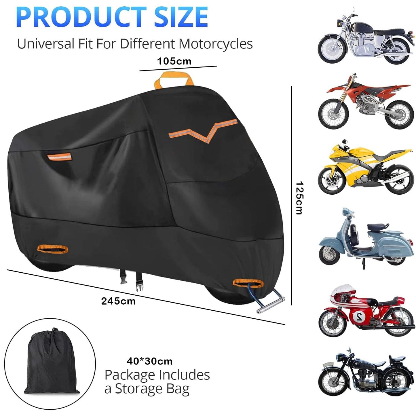 ANNA TOSANI Funda para Moto, 210D Impermeable Cubierta de Motocicleta Cubierta Protector para Moto Exterior y Interior con 3 Tiras Reflectantes y 2 Orificios para Cerradura para Moto 245x105x125cm