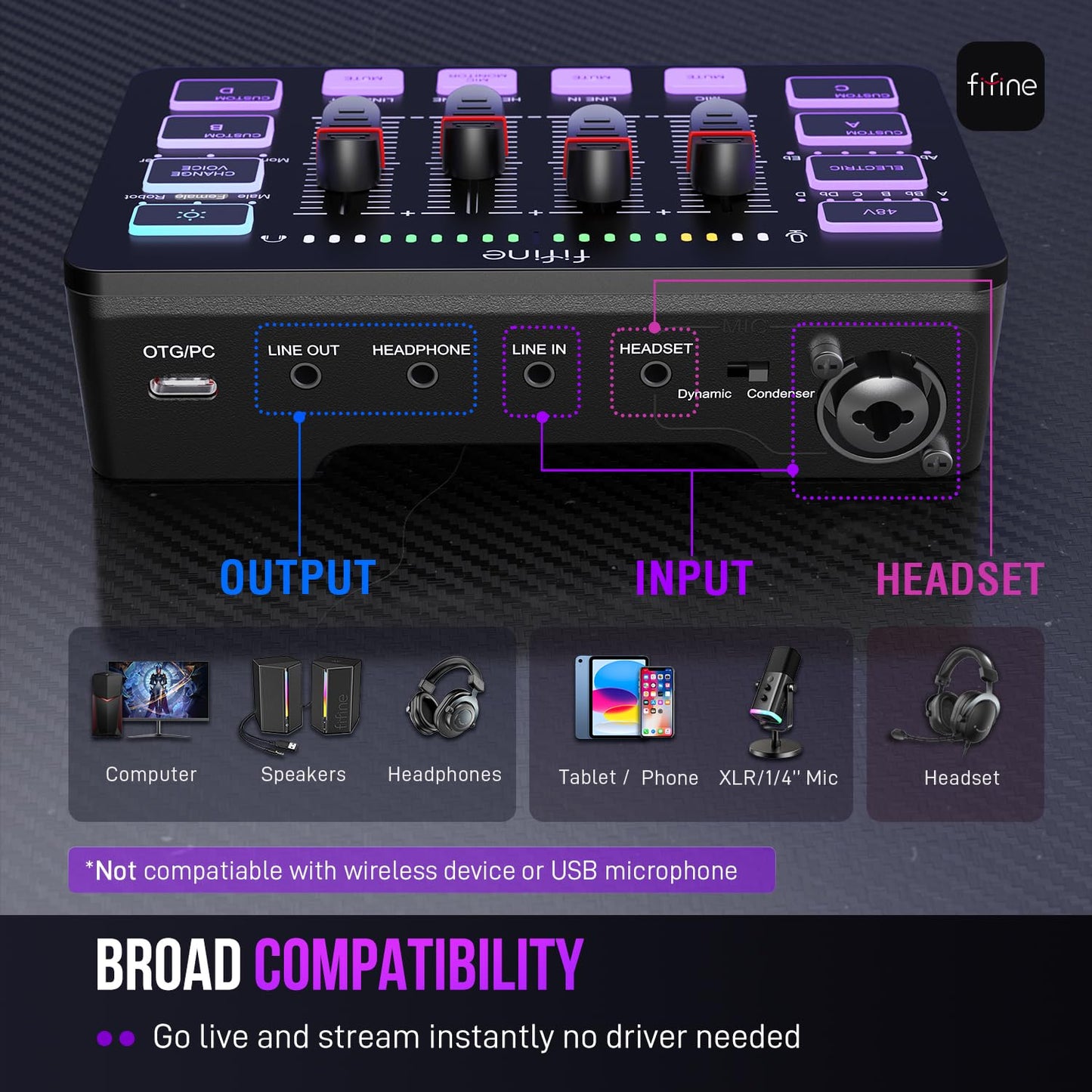 FIFINE Mezclador de Audio para Streaming, Mezclador RGB con Interfaz de Micrófono XLR, Atenuador de Volumen, Alimentación Fantasma de 48V en Mac/PC, para Voz de Gaming/Podcast/Grabación-AmpliGame SC3