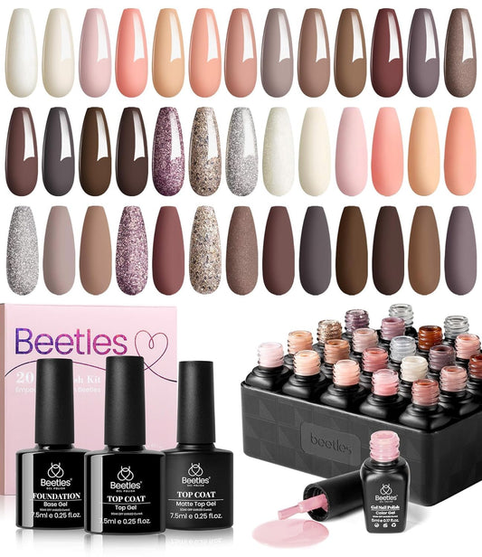 Beetles Kit de esmalte de uñas de gel de 20 colores, 23 piezas de esmalte de gel rosa pastel con purpurina, color marrón melocotón, kit de uñas de gel natural, tono de piel, UV, arte de uñas brillante y mate, regalo de primavera para mujeres