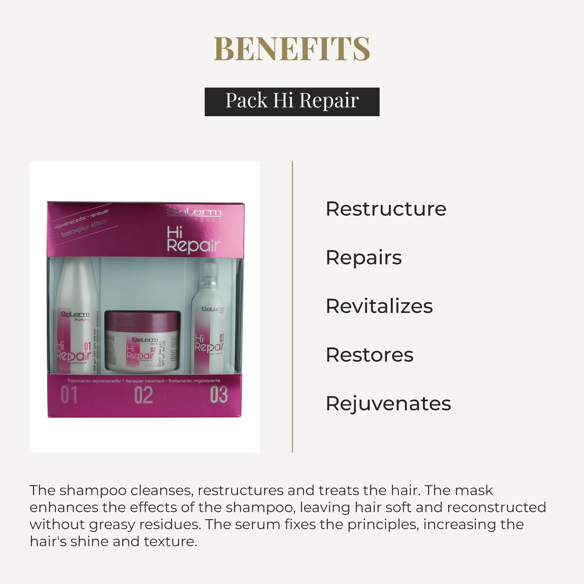 Kit de Reparación de Cabello Salerm Cosmetics Hi en Blanco con Shampoo, Mascarilla y Acabado