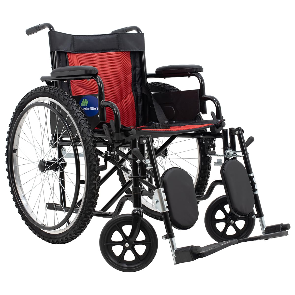 Silla de Ruedas Medical Store Roja Todo Terreno Lujo Acero Resistente Con Eleva Piernas y Descansabrazos Abatibles