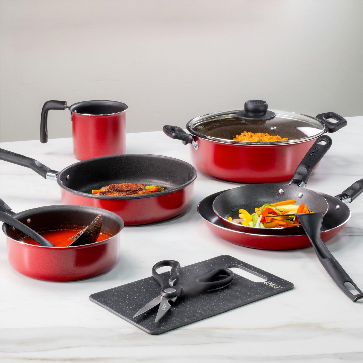 Batería de Cocina Ekco Rojo Antiadherente 12 Piezas Aluminio