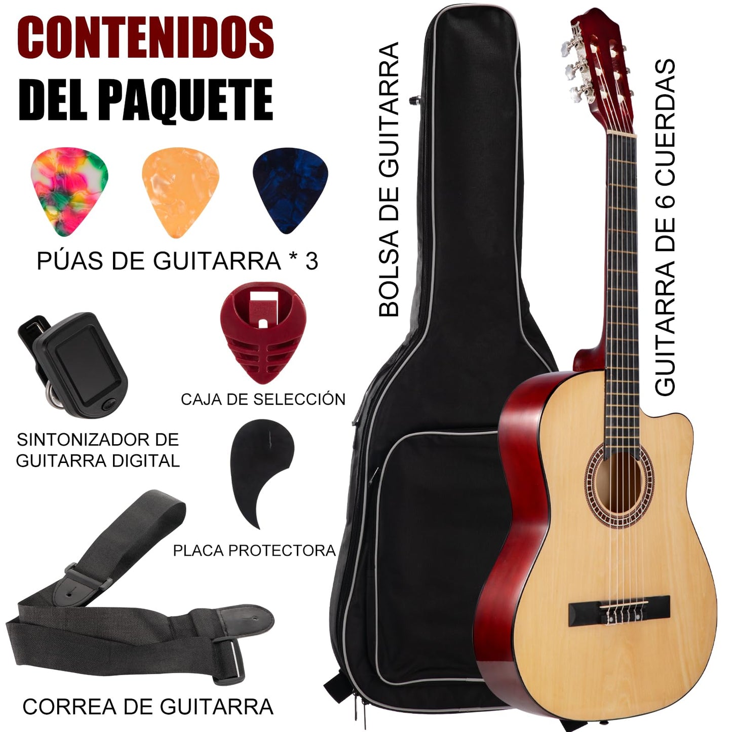 Guitarra Acústica de 39 Pulgadas, Guitarra Clasica 6 Cuerdas Incluye Kit de Accesorios, Bolsa para Guitarra, Correa, Golpeador, Plumillas, Afinador y Más