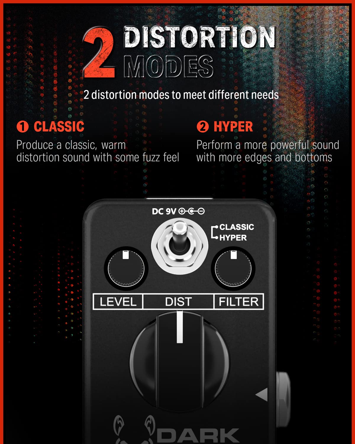 Donner - Pedal de distorsión de mouse oscuro para pedalera, guitarra eléctrica, 2 modos, clásico hiper crujiente a borrosa, pedal de guitarra True Bypass