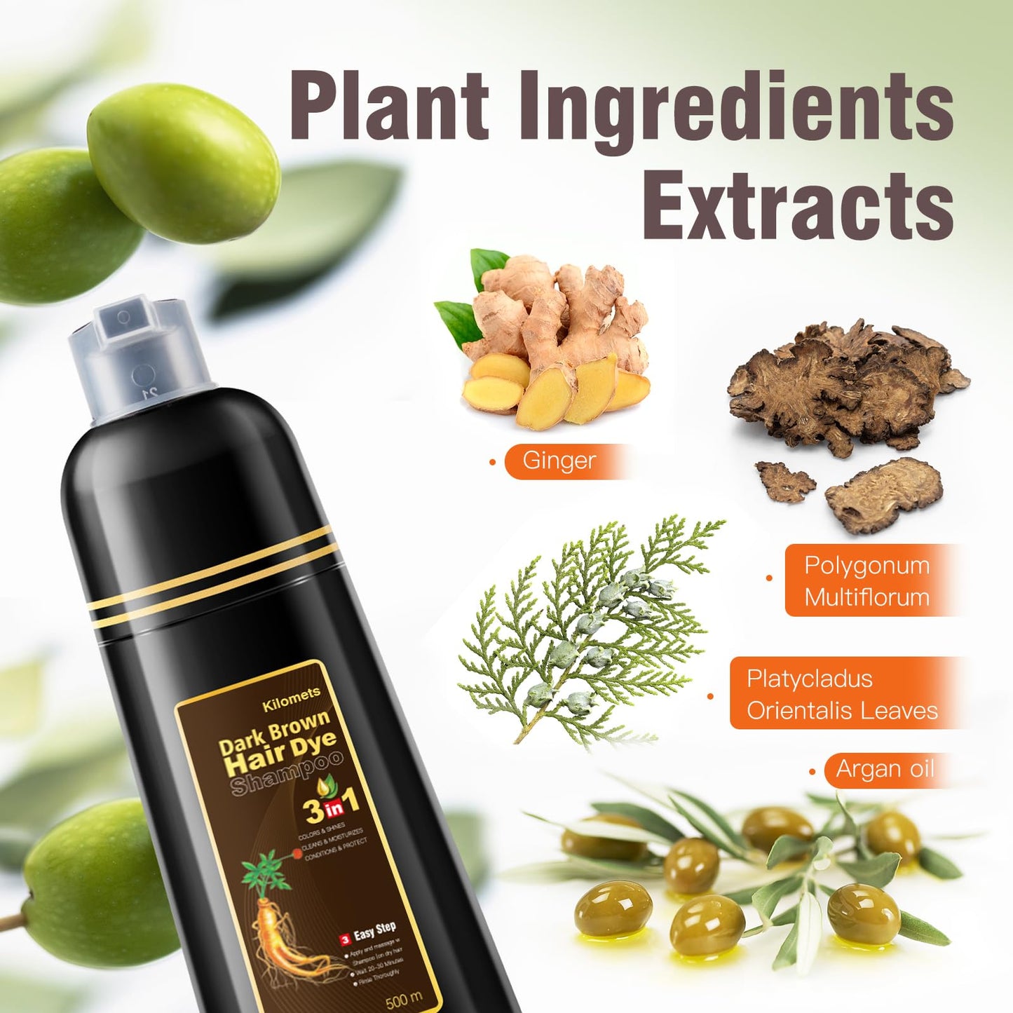 KILOMETS Champú para teñir el cabello/ Tintes Para El Cabello-Champú para teñir el cabello de castaño oscuro para mujeres-Cobertura de canas-Coloración instantánea con ingredientes herbales suaves-Larga duración-Sin amoníaco 500ML