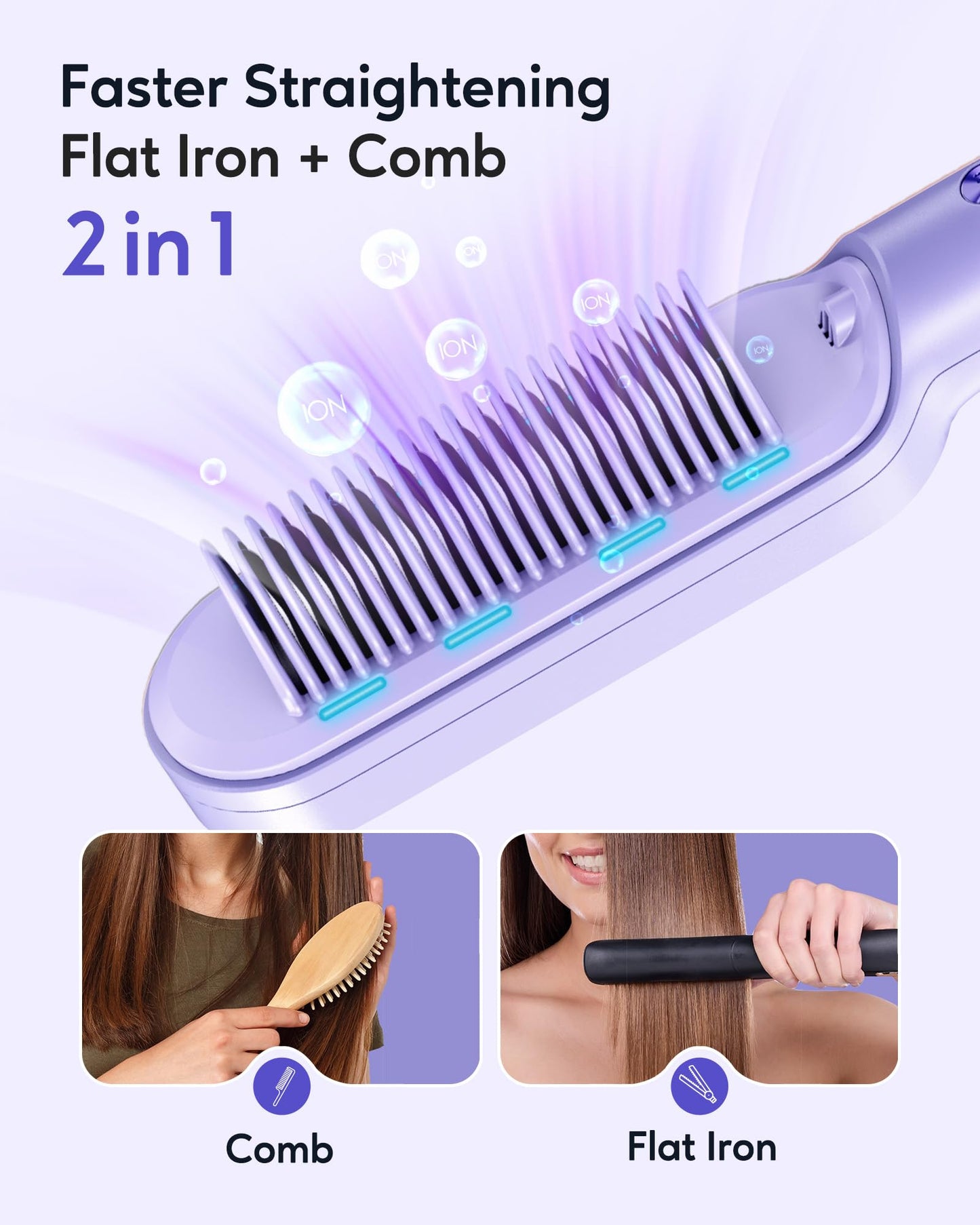 wavytalk - Cepillo alisador iónico para cabello, con iones negativos, plancha de cerámica antiquemaduras de calentamiento rápido para uso en casa o salón, voltaje dual, color morado