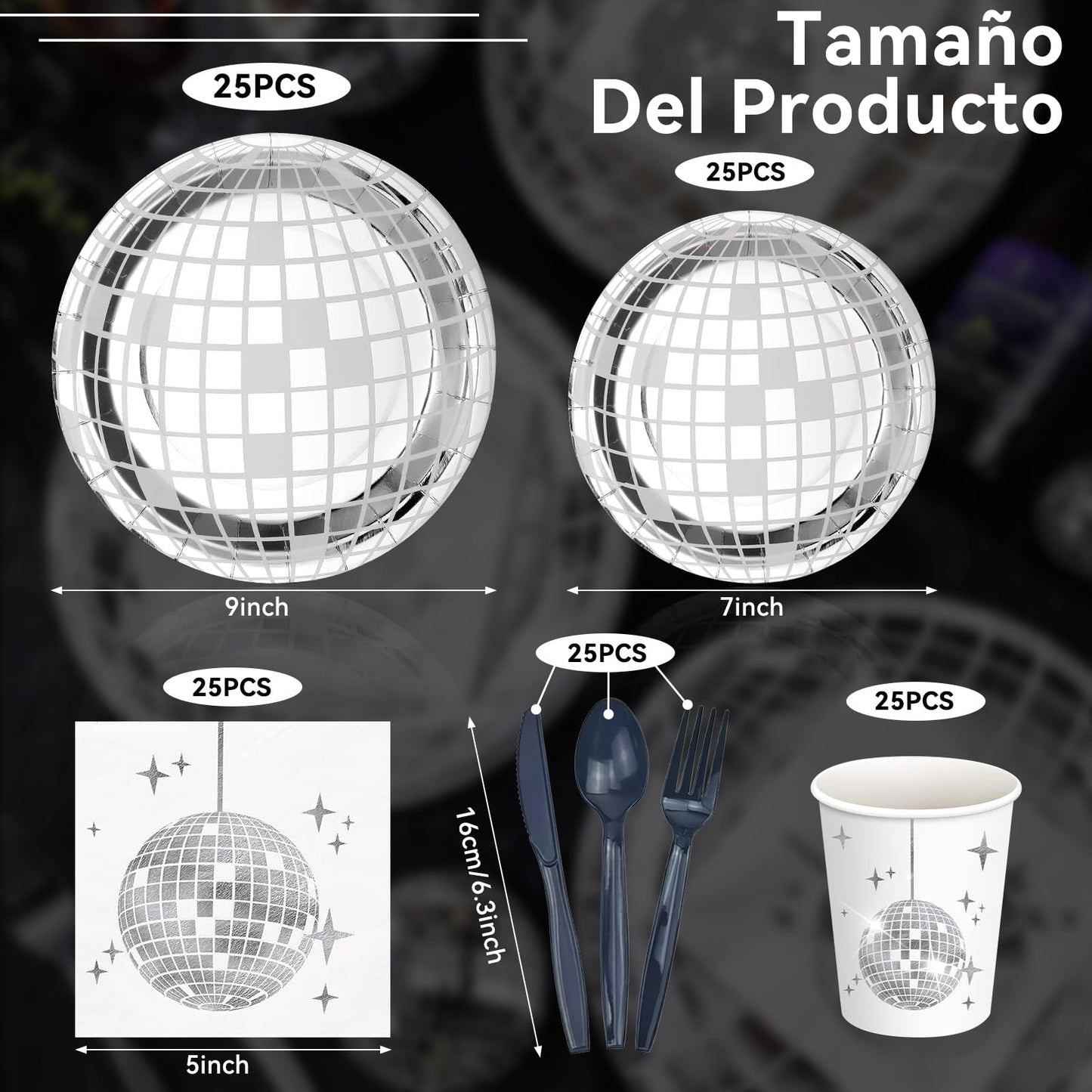 Juego de 175 Piezas de Vajilla para Fiesta de Discoteca, Platos, Tenedores, Cuchillos, Servilletas, Platos de Fiesta, Suministros de Fiesta de Discoteca de los años 70-90, para 25 Invitados (Plateado)