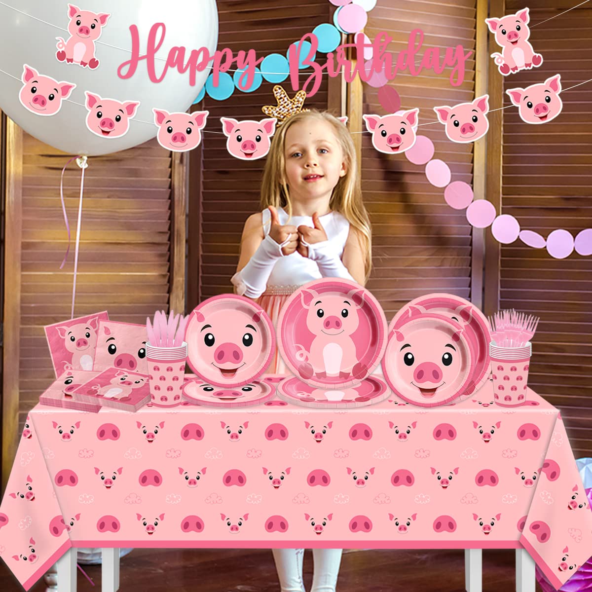 Juego de vajilla de cerdo para cumpleaños, 143 piezas, juego de vajilla de cerdo rosa para niños, juego de platos y servilletas con temática de cerdo, suministros de fiesta de cumpleaños para 20
