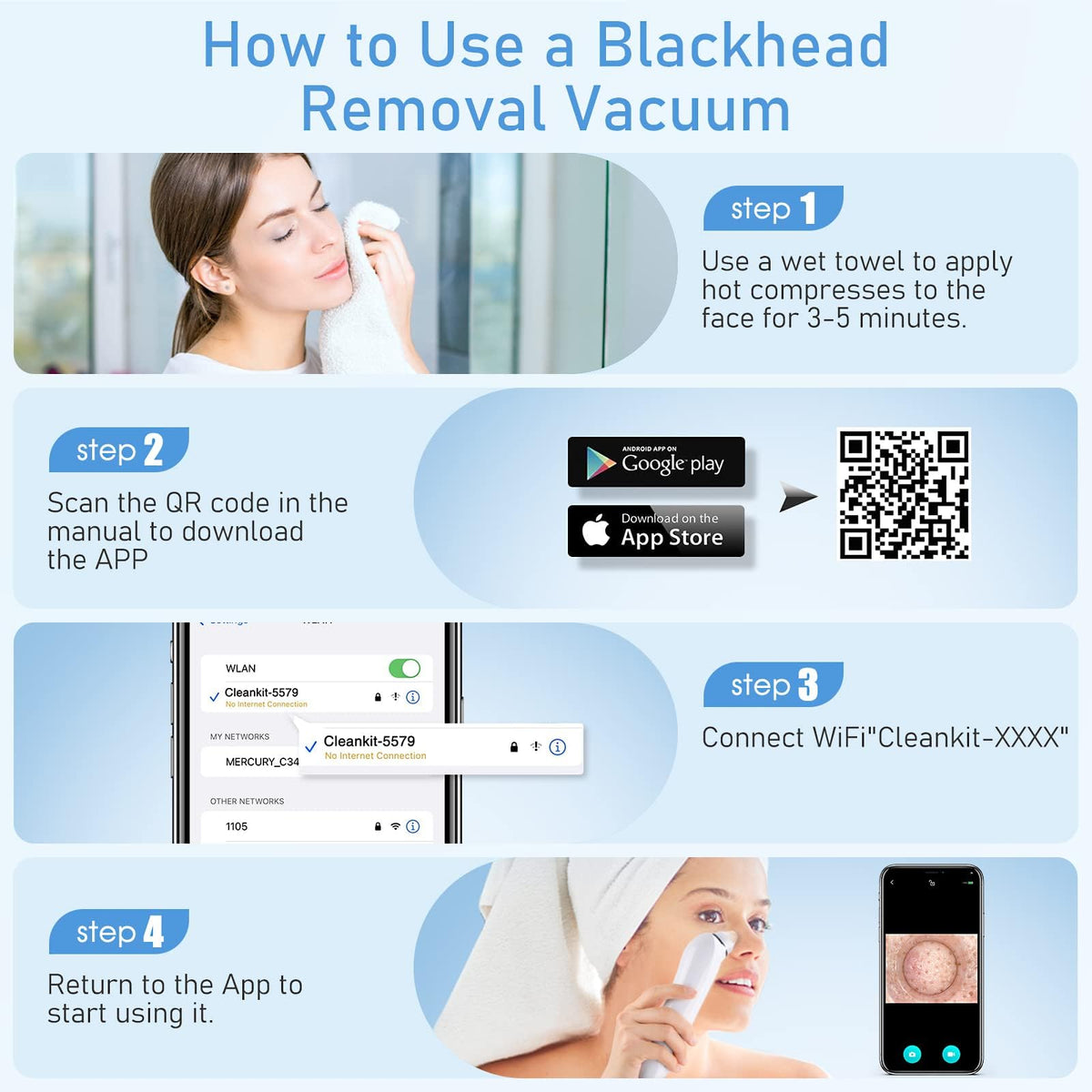Aspirador de puntos negros faciales, cámara 1080p, zoom 20x, 8 LED y 3 modos de succión, batería 800 mAh y USB - Kit de limpieza de poros de 6 cabezas para hombres y mujeres (azul)