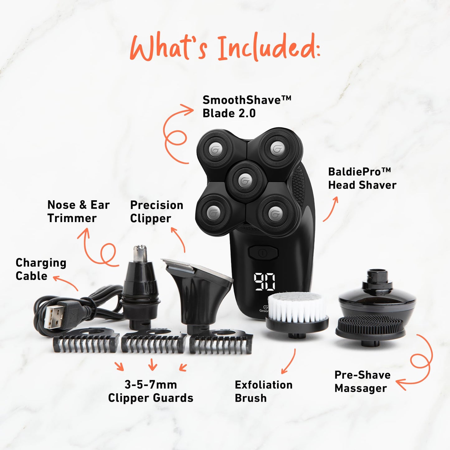 GROOMIE BaldiePro - Afeitadoras inalámbricas para hombres calvos - Afeitadora de cabeza cómoda - Cuidado de la cabeza calva para hombres - Afeitadora de palma fácil de usar para un afeitado calvo suave - Afeitadoras ergonómicas para cabezas calvas - Afeit