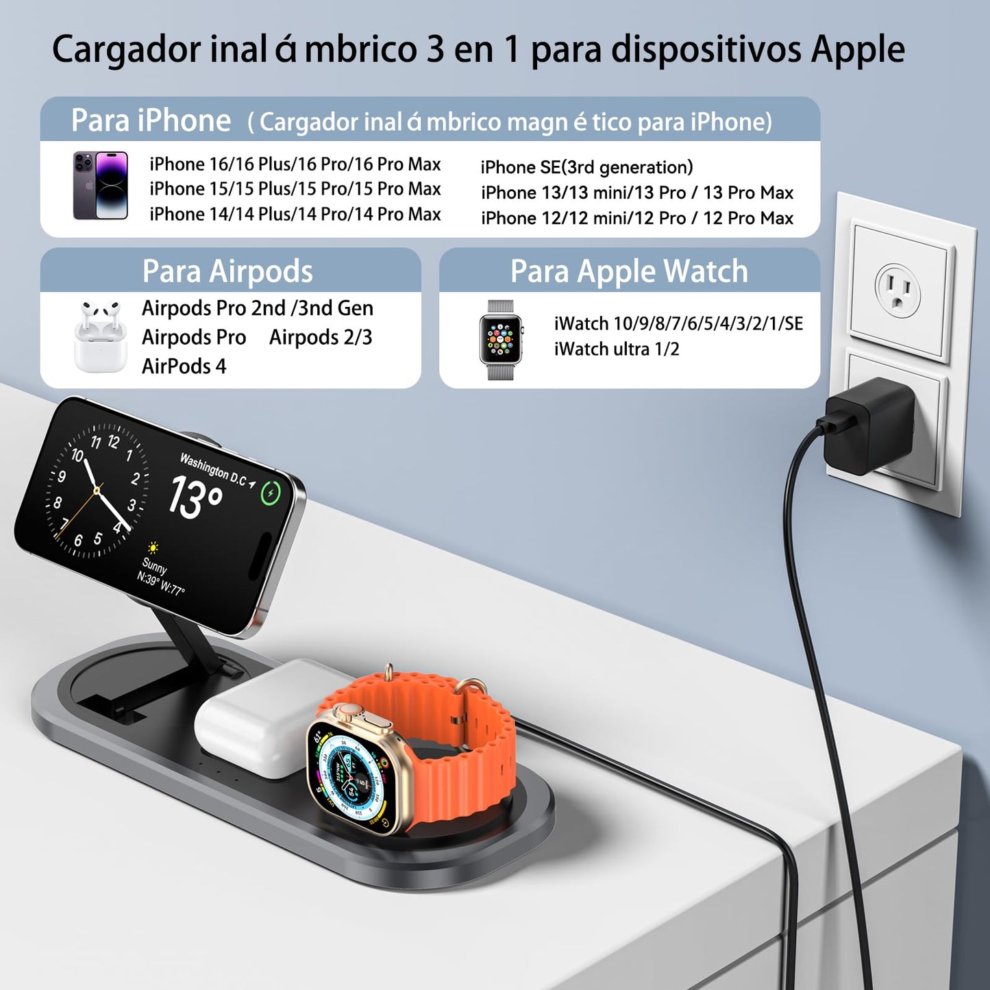 Cargador inalámbrico 3 en 1, estación de carga plegable para Magsafe para iPhone 16/15/14/13/12/Pro Max/Pro/Mini/Plus, para Apple Watch 10/9/8/7/SE/6/5/4/3/2/1/Ultra2/Ultra, para AirPods pro/2/3/4