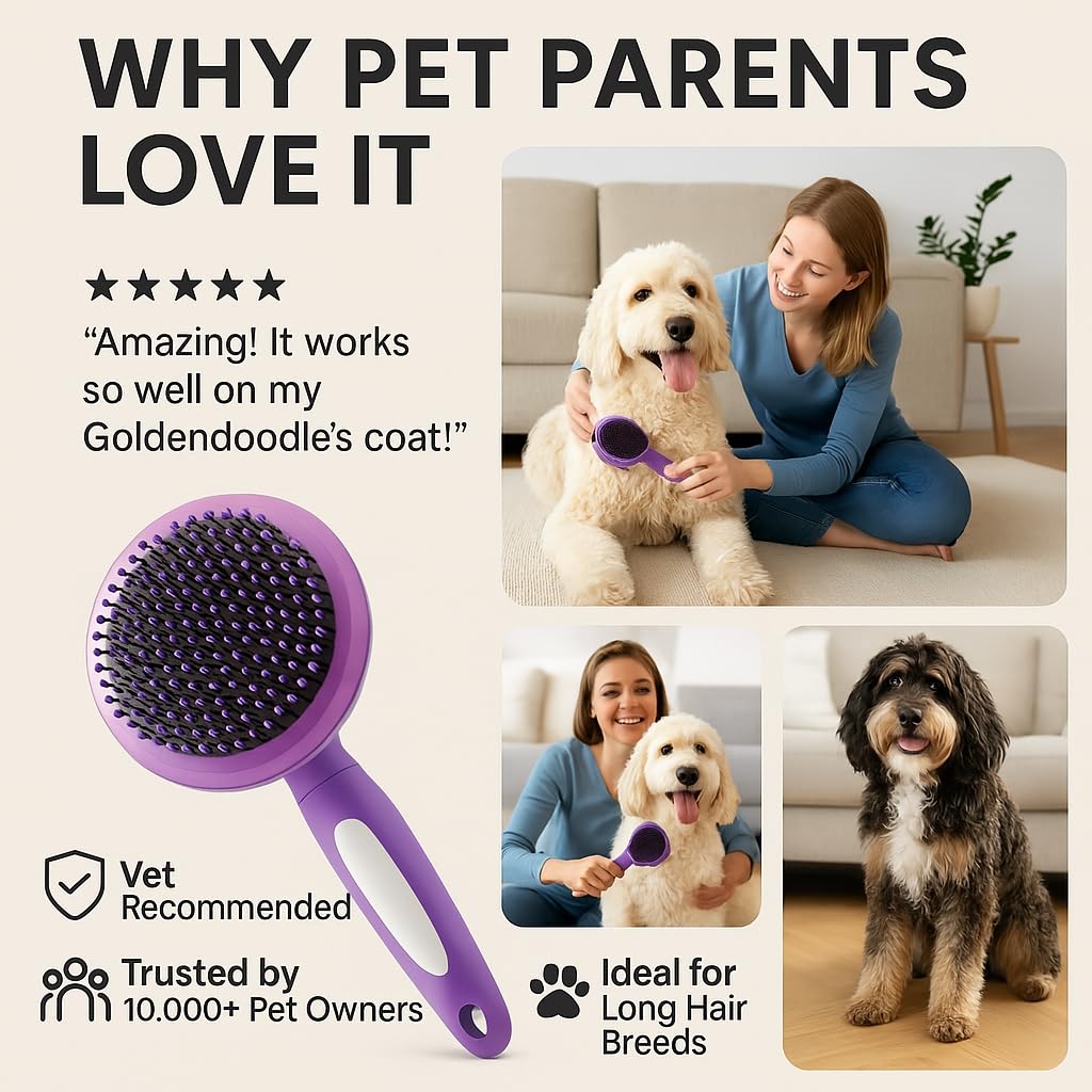 Cepillo de cerdas redondas para perros y gatos, cuidado suave para pelo corto o largo, herramienta suave para pieles sensibles elimina la caspa, la suciedad y desenreda – morado