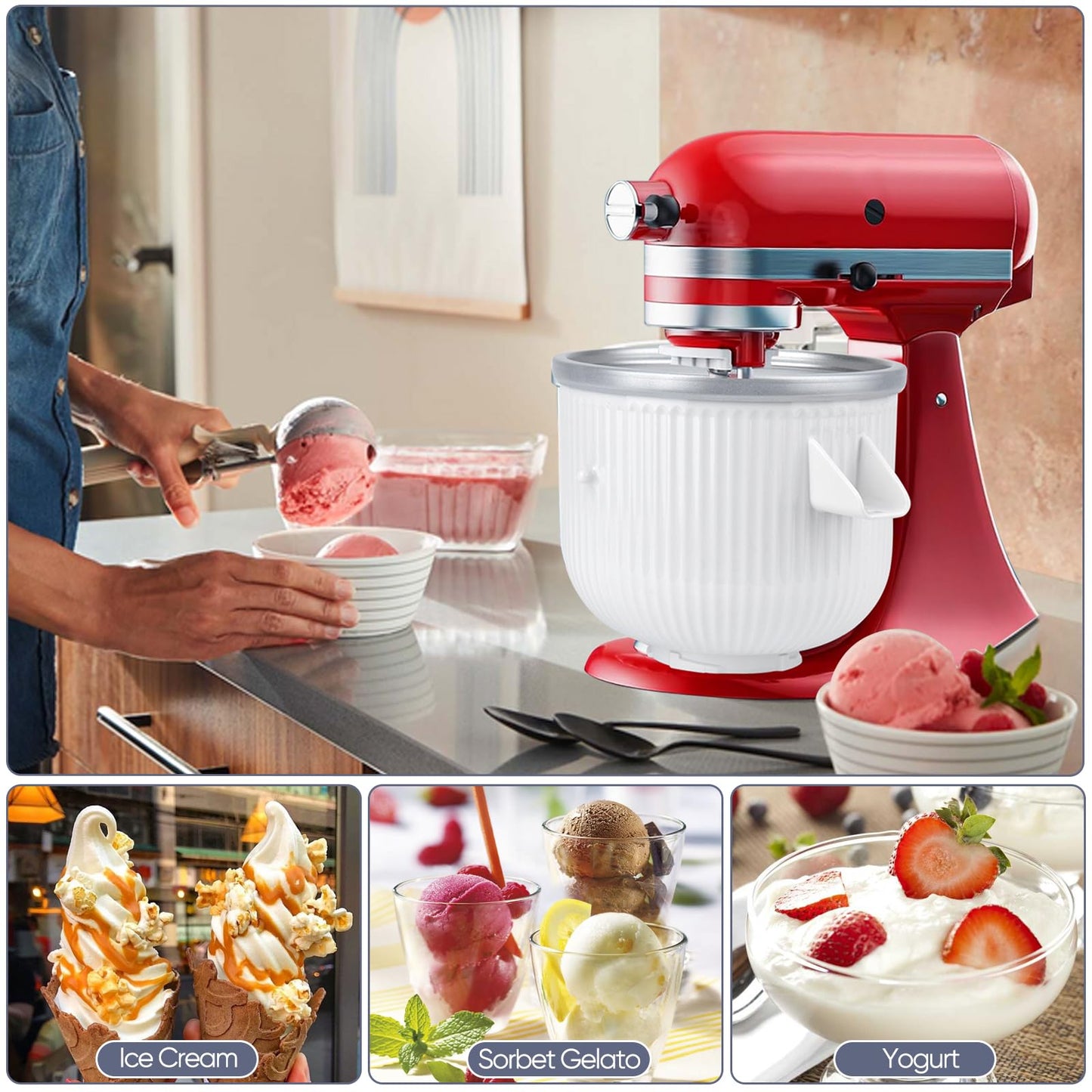 Accesorio para máquina de helados para batidora de soporte Kitchenaid, yogur congelado de 2 cuartos de galón, máquina de helado y gelatina de sorbete, se adapta a batidora de soporte Kitchenaid de