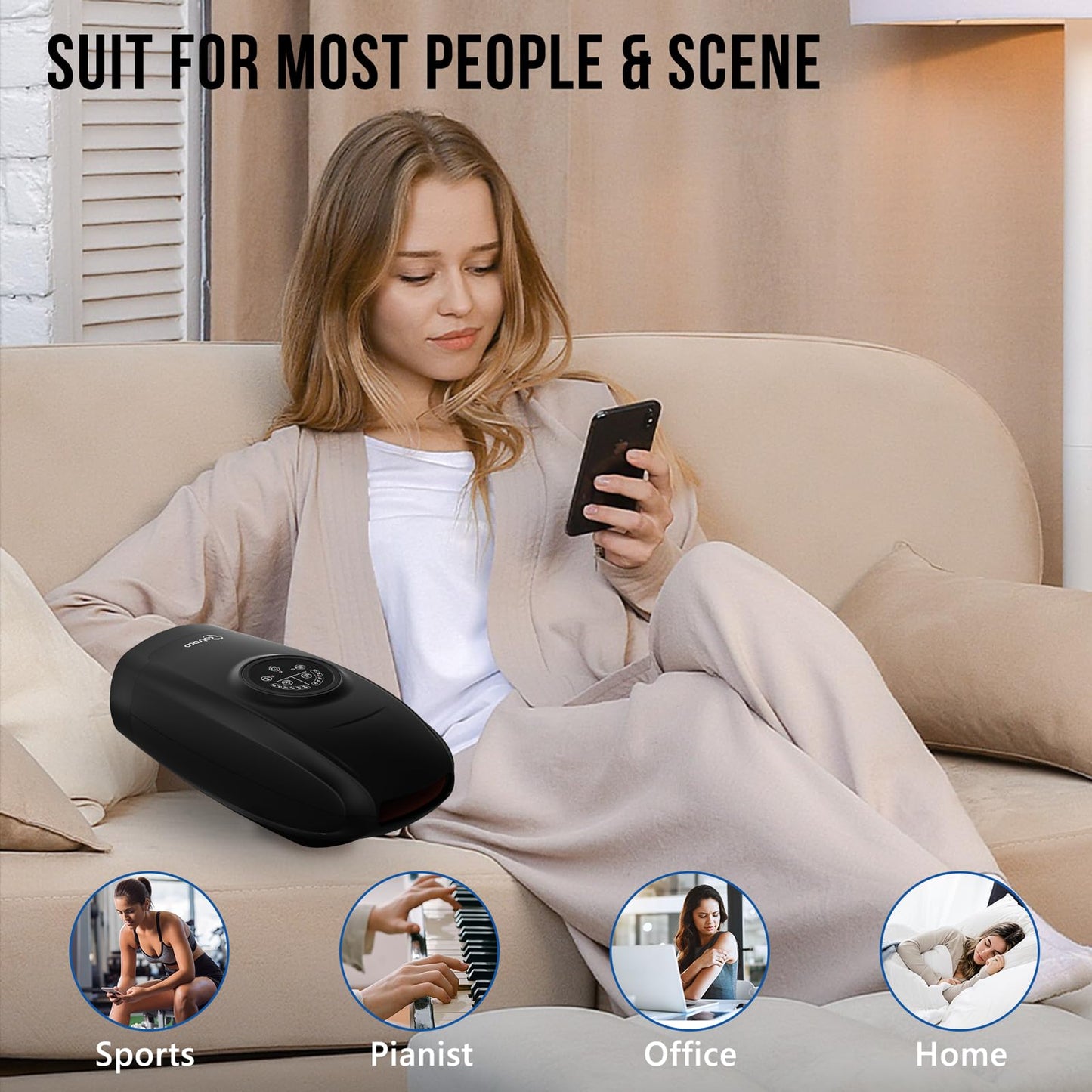 Masajeador de manos eléctrico - Masajeador de manos inalámbrico con calor para aliviar el dolor, 6 niveles de terapia de palma de la mano, masajeador de dedos y muñecas, regalo perfecto para mujeres, hombres, madres y padres, negro