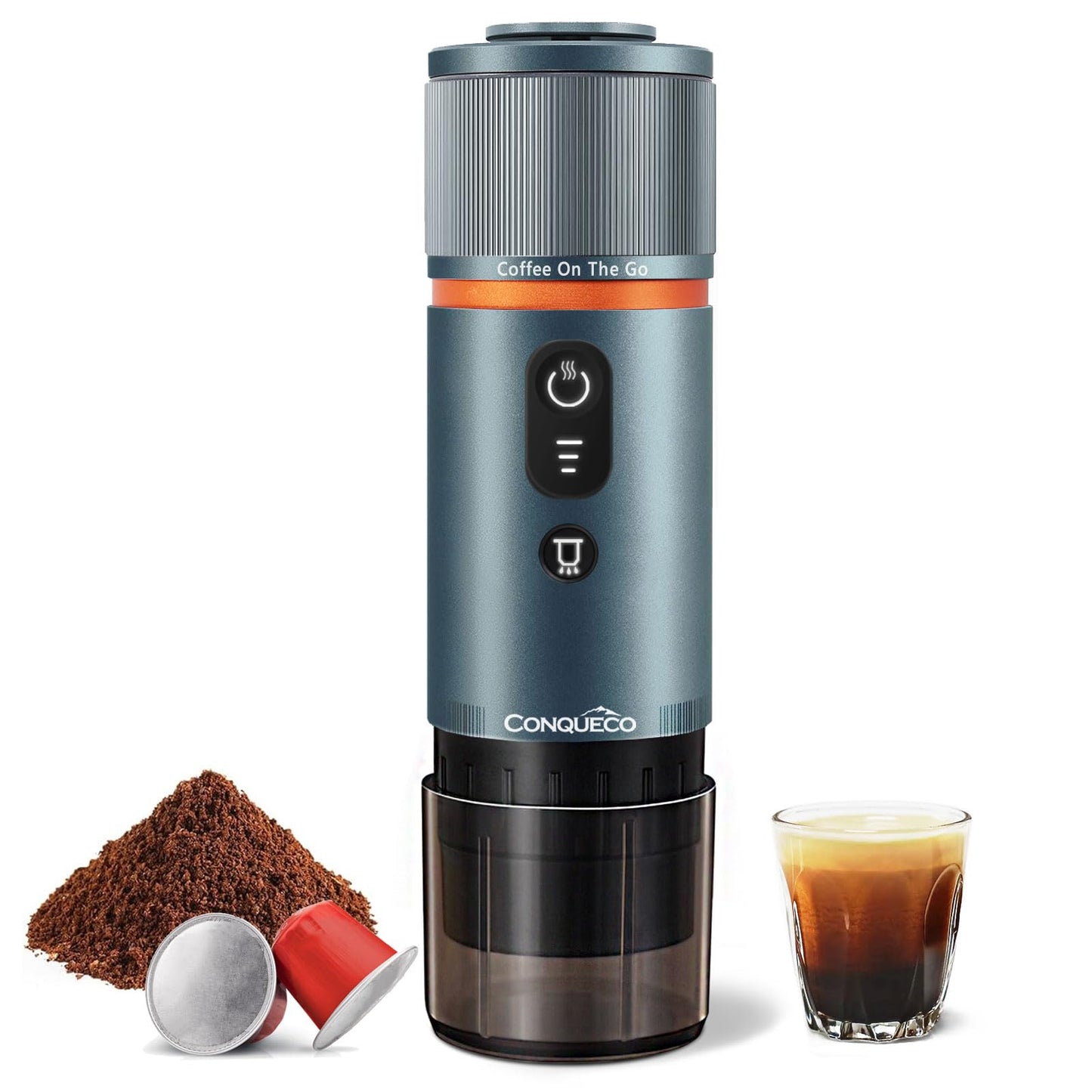 CONQUECO - Cafetera espresso portátil de 12 V, eléctrica, pequeña máquina exprés de viaje, autocalentable, 8 tazas, compatible con cápsulas Nespresso, para camping, caravana, senderismo, oficina (azul