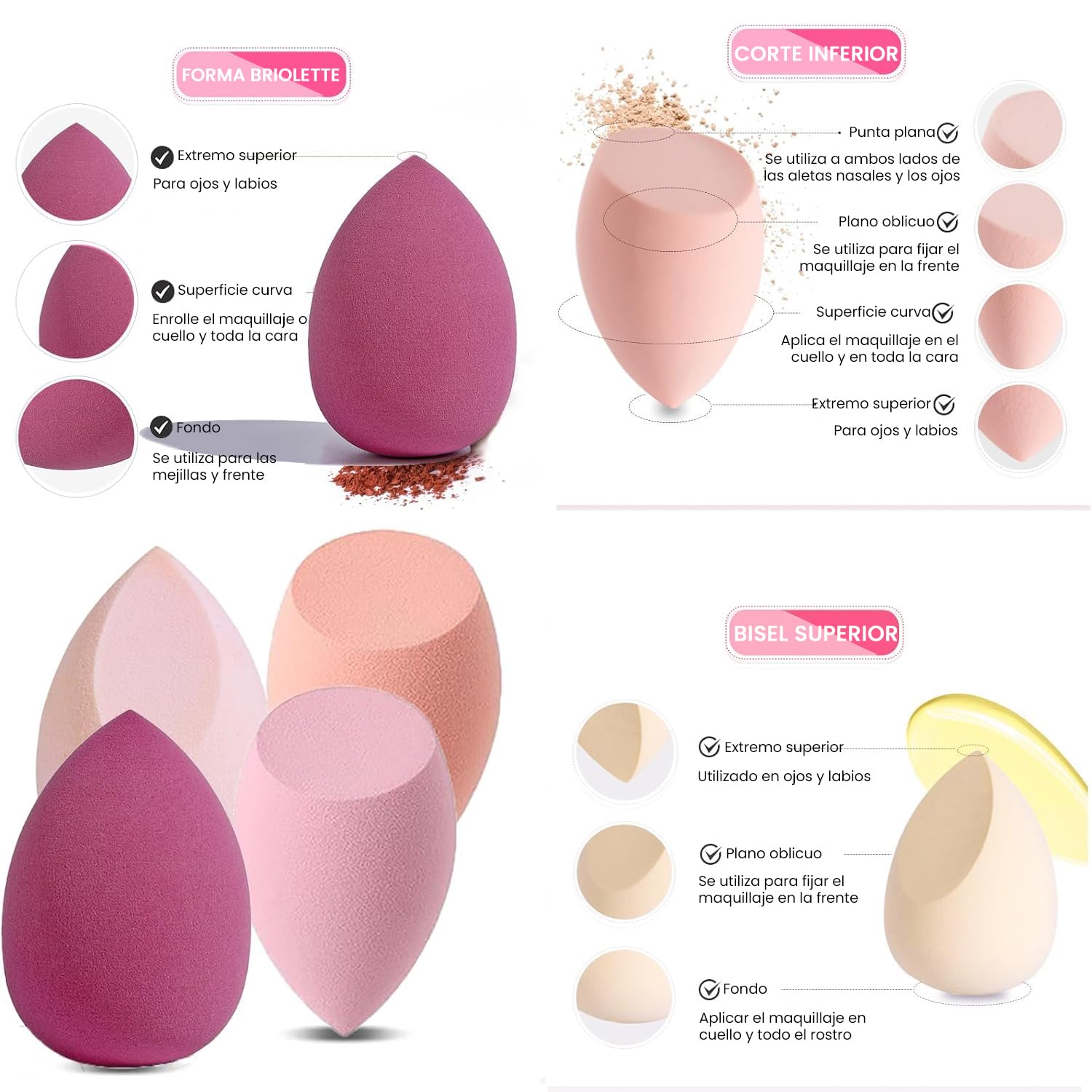 Set de 12 Esponjas para Maquillaje, Beauty Blenders y Aplicadores Mini para Polvo Facial y Base Líquida (Rosa-02)