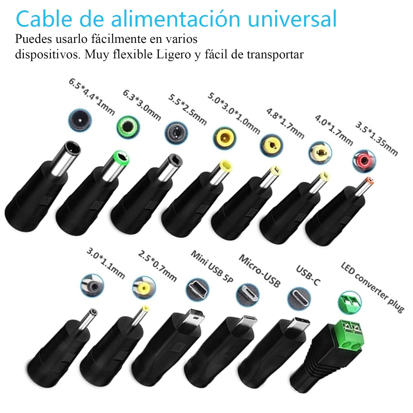 Adaptador Universal CA a CC ZSOLY Negro con 13 Conectores Intercambiables