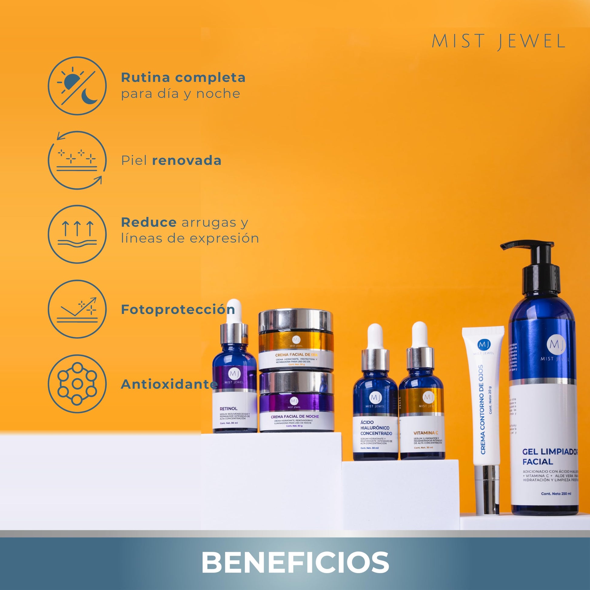 MIST JEWEL Kit Facial Luxe skincare completo Cremas día y noche, 3 Serum, limpiador facial y crema contorno de ojos | Paquete completo dia y noche de cuidado facial, hidratación y rejuvenecimiento